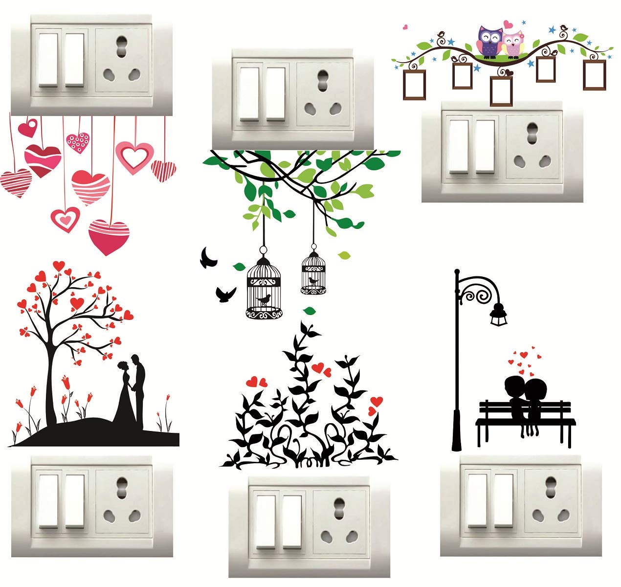 Decor Villa Love Heart Switch Board Sticker Floral Stickers Wall Stickers Light Switch Standard, Multicolour - Pack Of 1 (6 Stic
