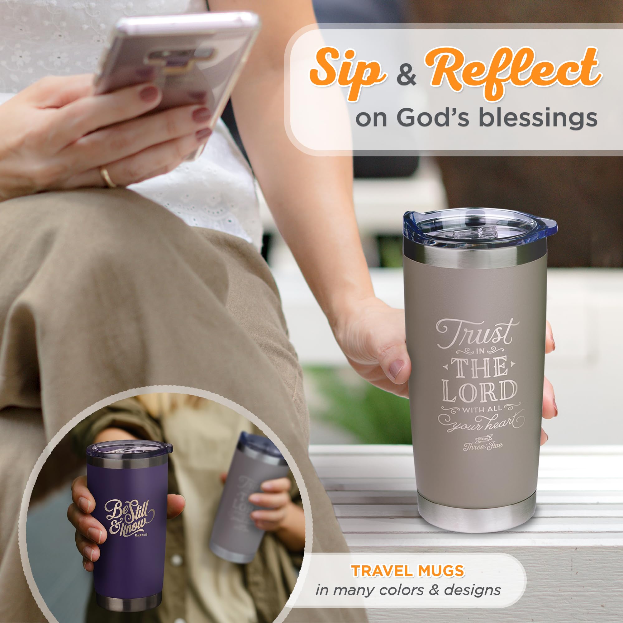 Christian Art Gifts Stainless Steel Double-Wall Vacuum Insulated Travel Mug 18 Oz Gray Tumbler With Retractable Lid For Women An