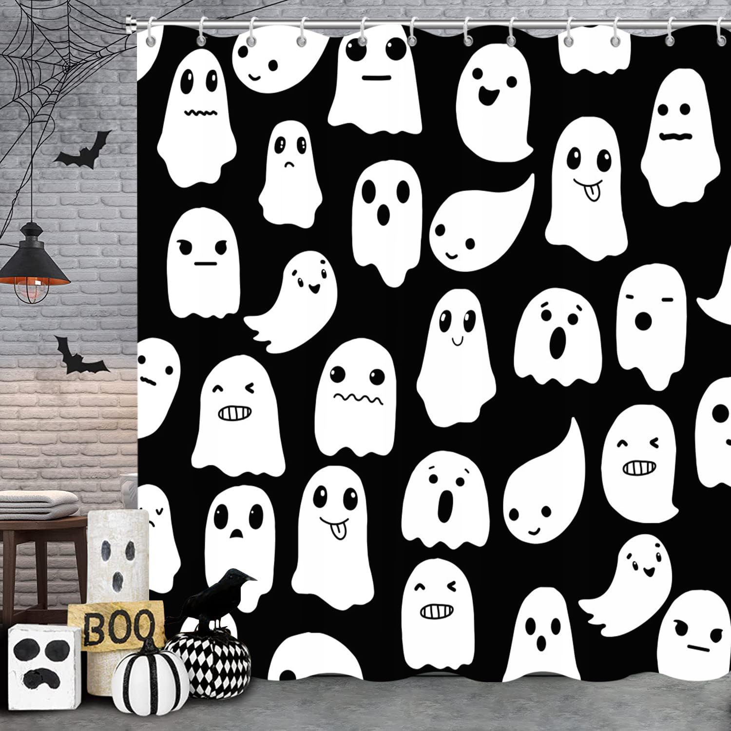Gcirec Halloween Ghost Shower Curtain, Black And White Spooky Cute Funny Cartoon Ghosts Icons Funny Bathroom Curtain Bathtub Hom