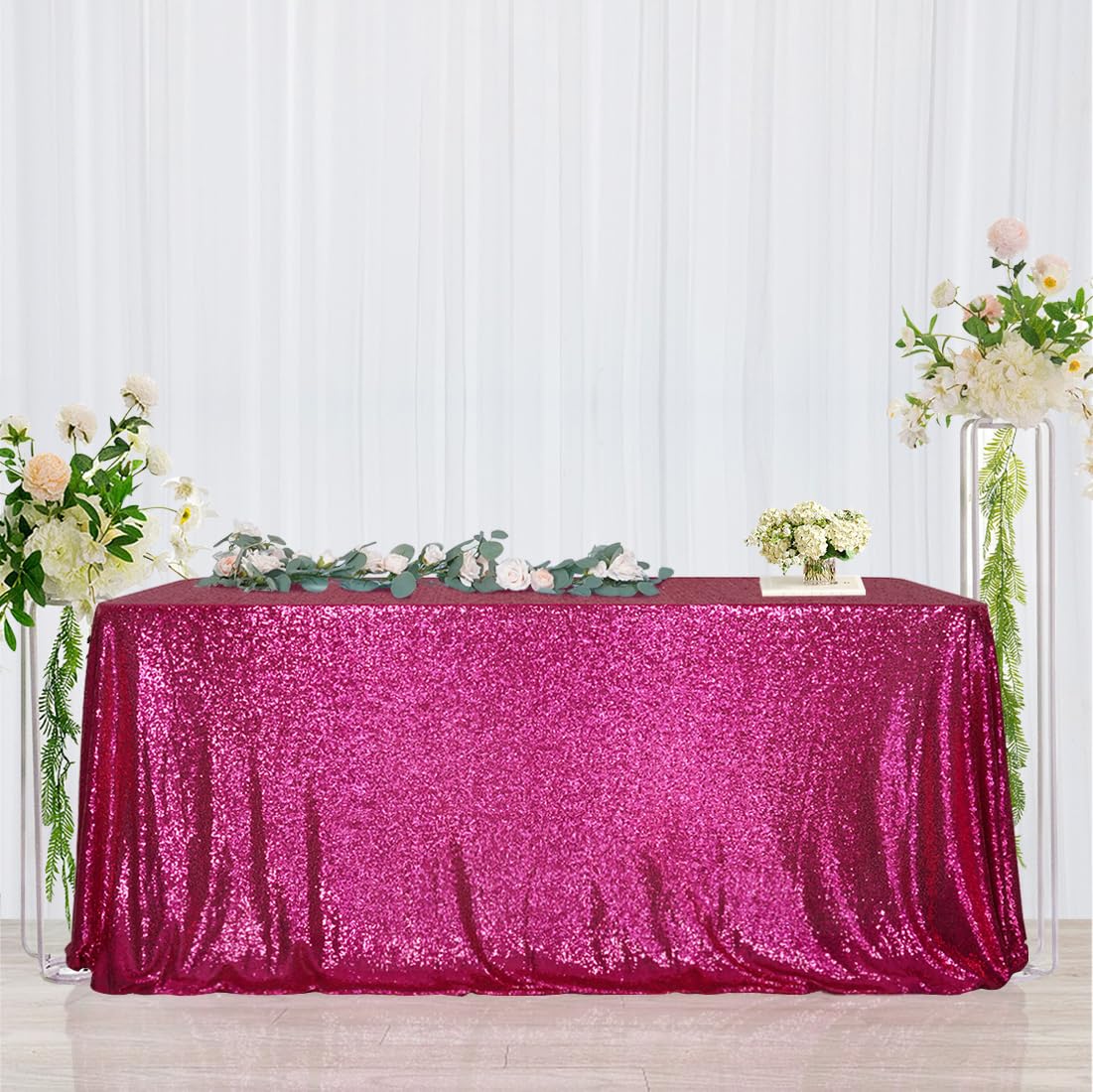 Poise3Ehome 50X72'' Rectangle Hot Pink Sequin Tablecloth For Party Cake Dessert Table Exhibition Events, Hot Pink