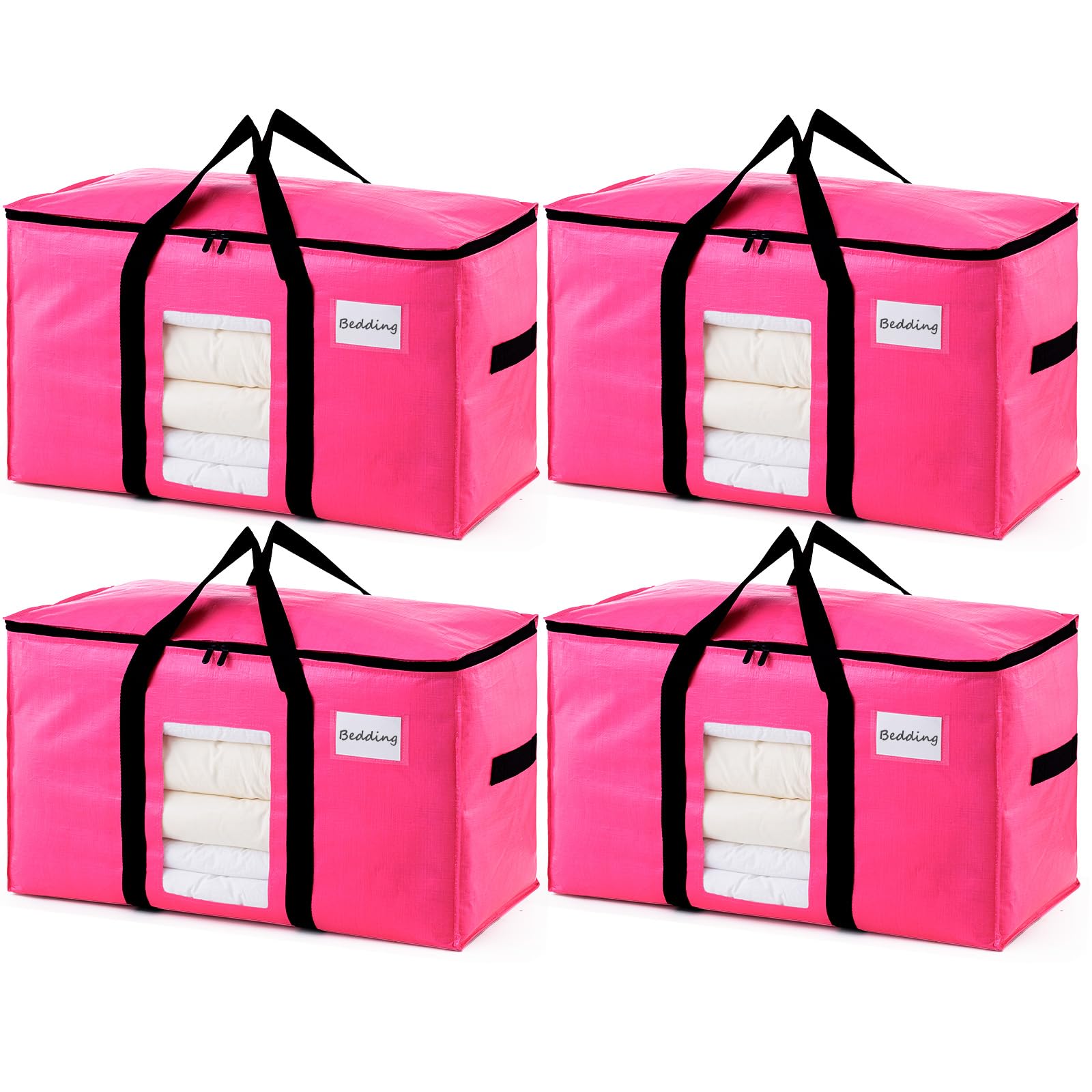 TAILI 4 Pack Pink Extra Large Moving Bags, Heavy Duty Totes with Visible Window, Wrap Around Handles, Great for Storage, Space-S