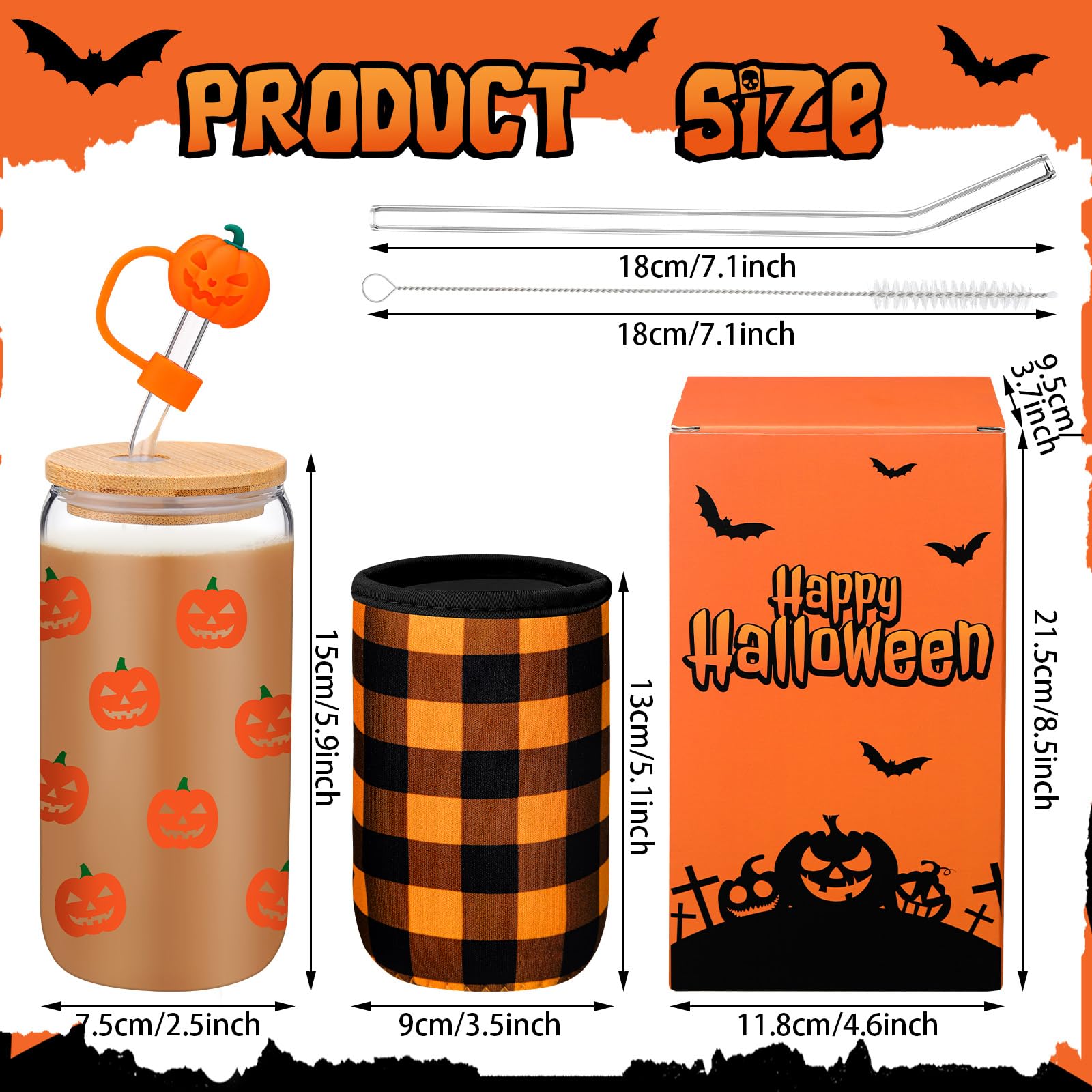 Blushtier Halloween Glass Coffee Cup with Lid and Straw 16oz Spooky Iced Coffee Mug with Sleeve Boo Basket Stuffers Halloween Gi