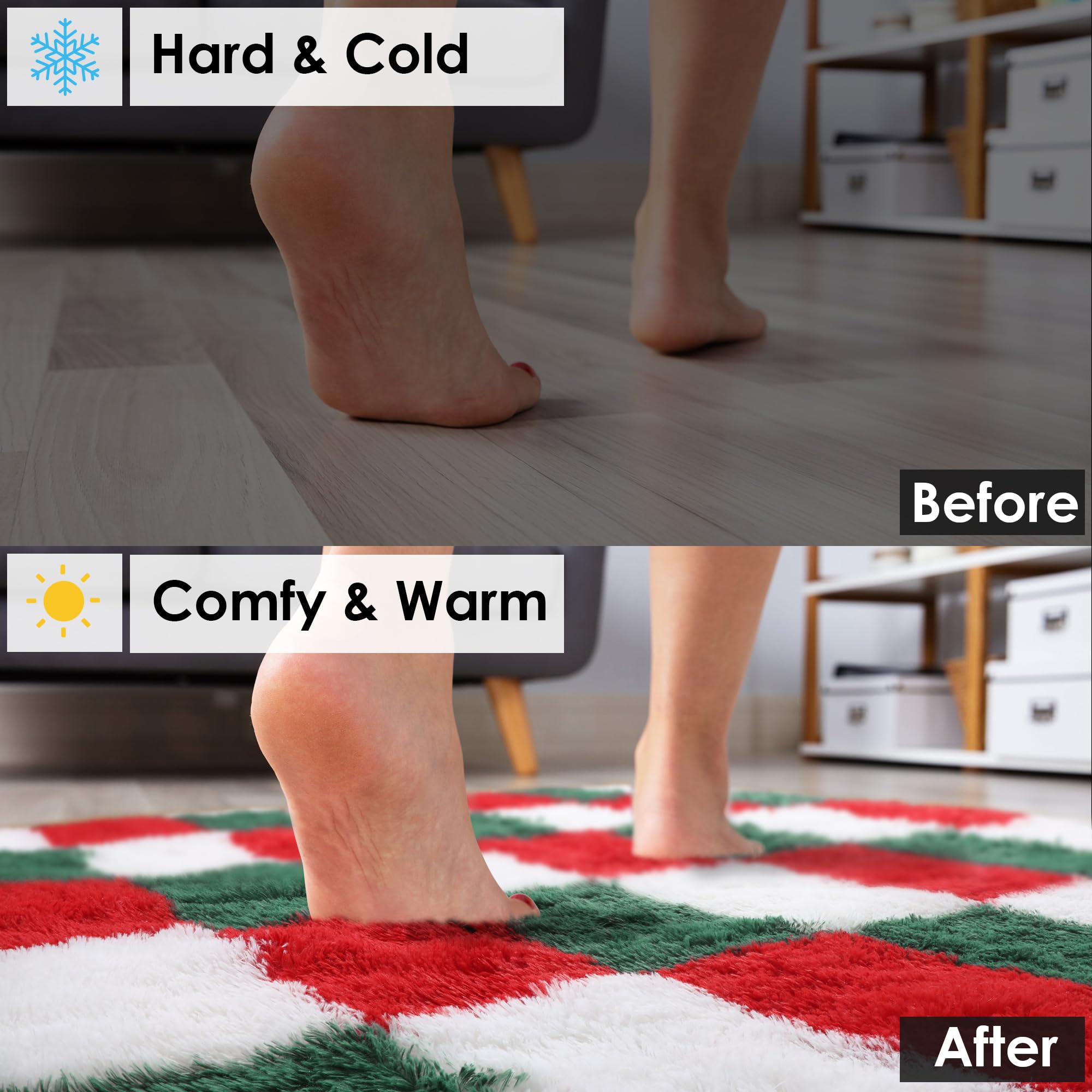 KICMOR Christmas Rug for Living Room, Fluffy Soft 5x8 Area Rug Red Green White Checkered Shag Shaggy Fuzzy Bedroom Carpet, Indoo