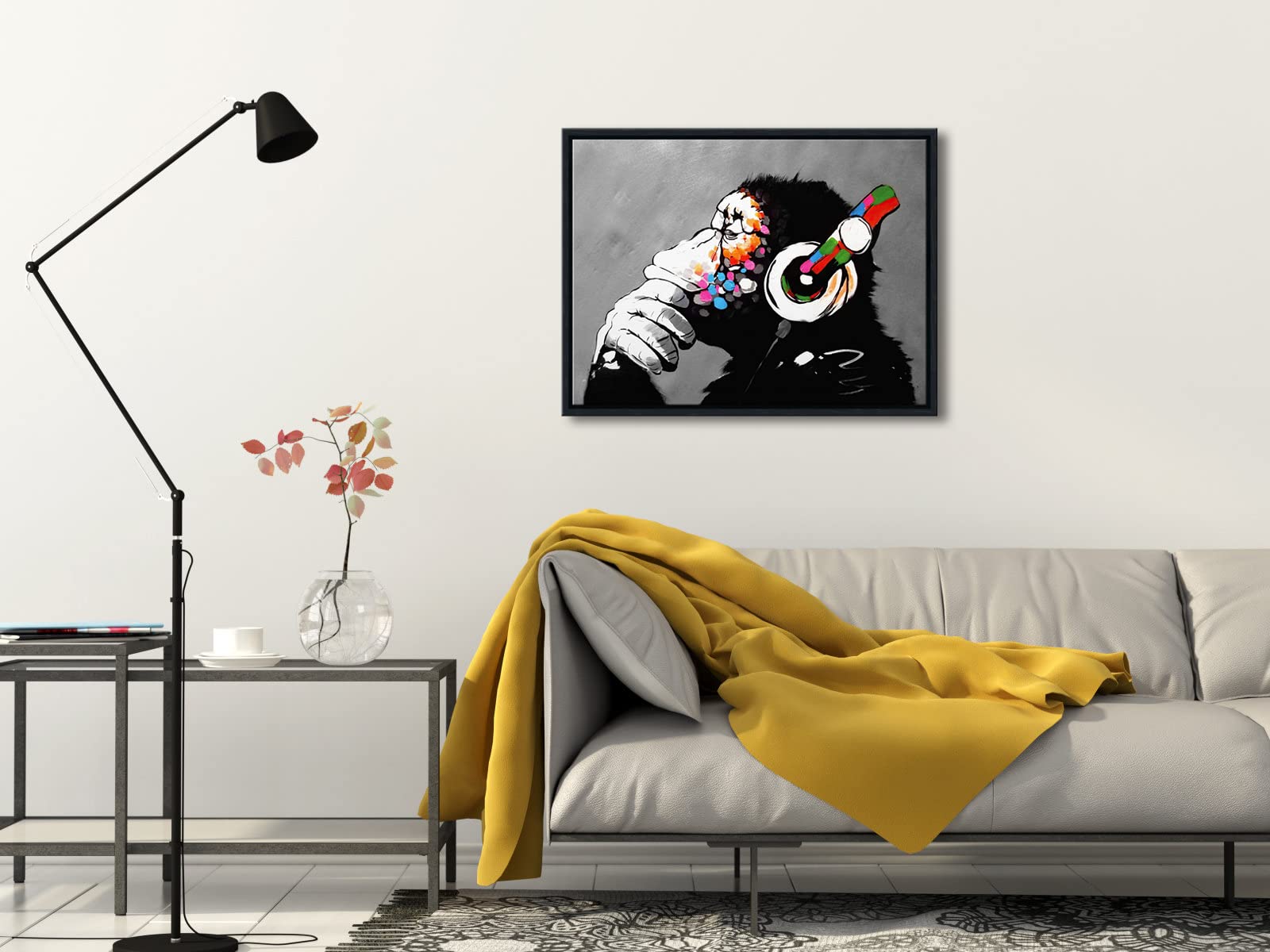 Wieco Art Black Framed Monkey With Headphones Banksy Graffiti Art Abstract Canvas Paintings Prints Animal Canvas Wall Art For Wa