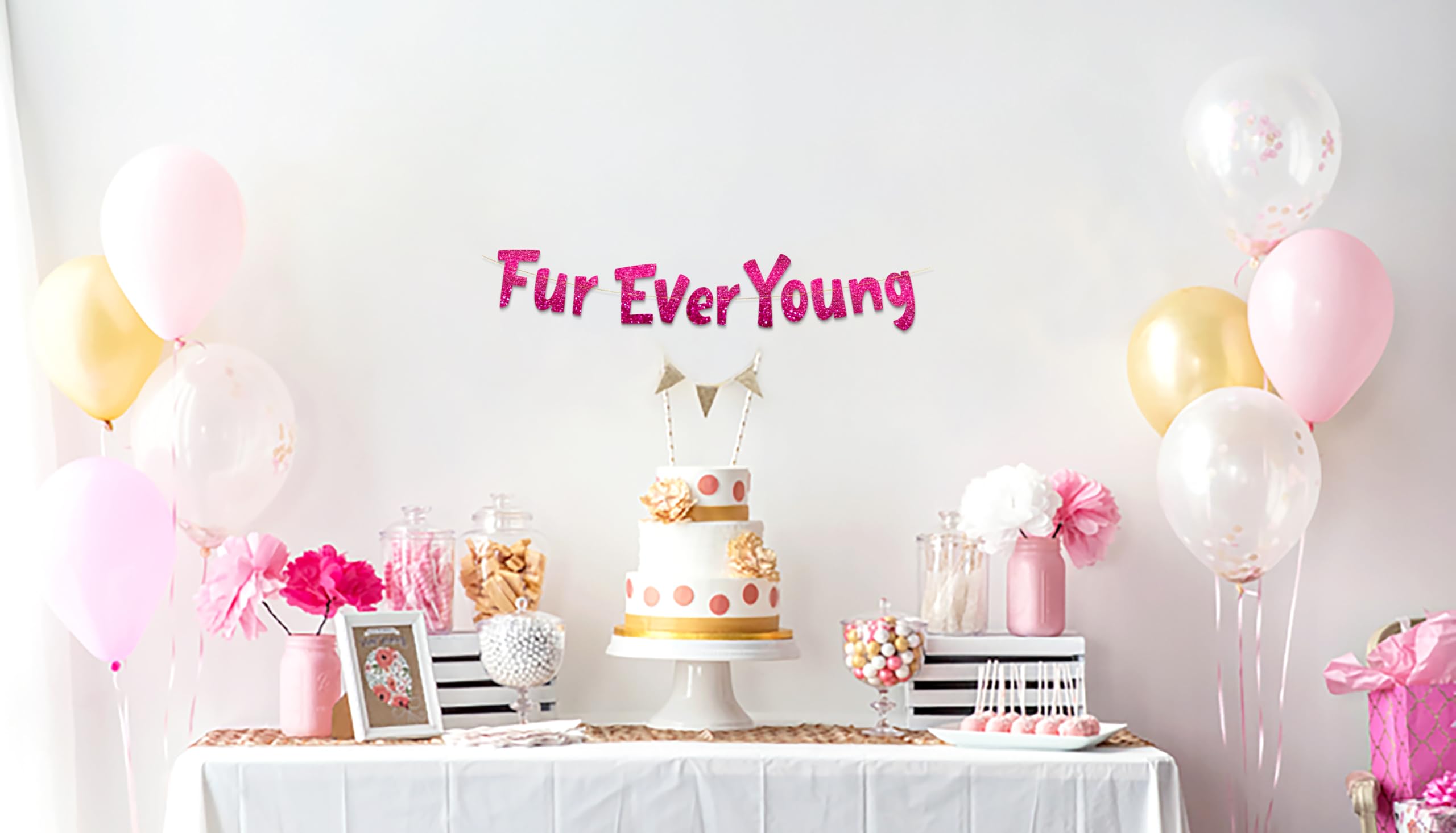 Furever Young Pink Glitter Banner - Dog Birthday Banner - Cat Birthday Decorations - Funny Puppy And Kitten Birthday Party Suppl