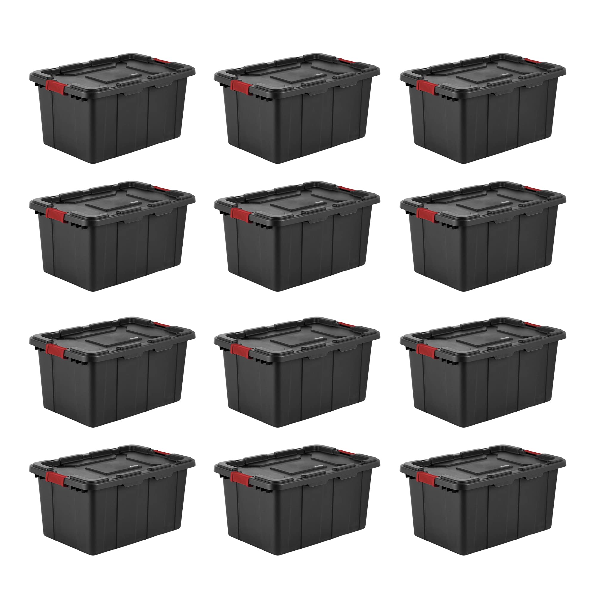 Sterilite 27 Gal Industrial Tote, Stackable Storage Bin With Latching Lid, Plastic Container With Heavy Duty Latches, Black Base