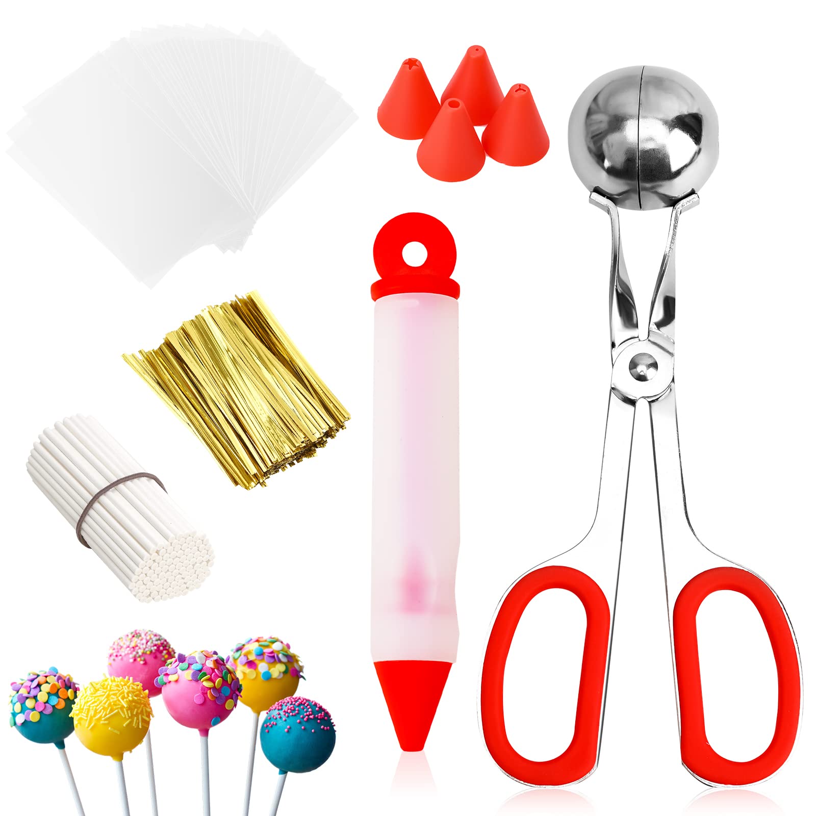 Cake Pop Kit, Including 100 Cake Pop Sticks And Wrappers, 100 Twist Ties, 1 Cake Pop Scooper And Decorating Pen, Cake Pops Makin