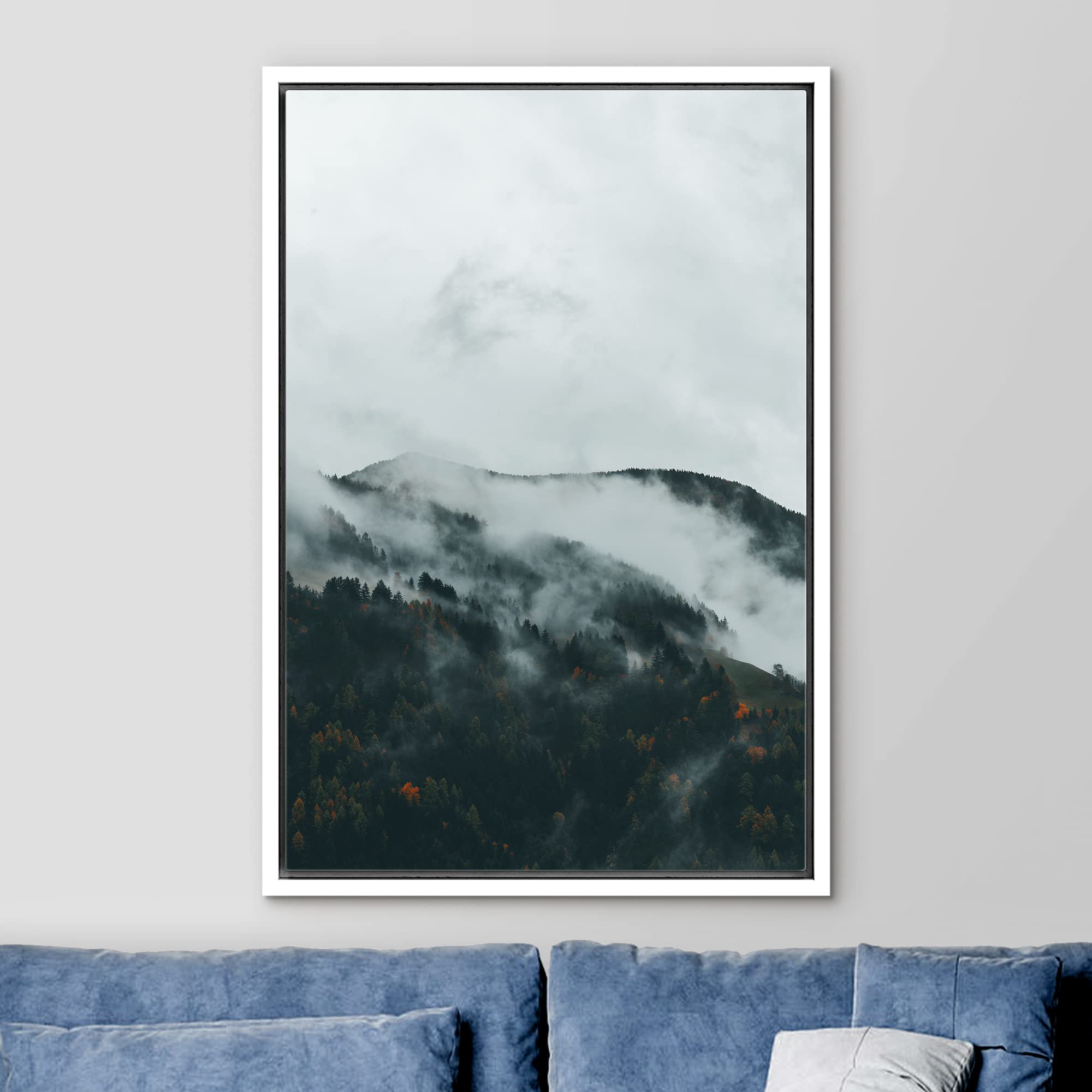 Ashbrook Framed Canvas Print Wall Art Clouds And Dog Over Mountain Forest Nature Wilderness Photography Modern Rustic Scenic Mul