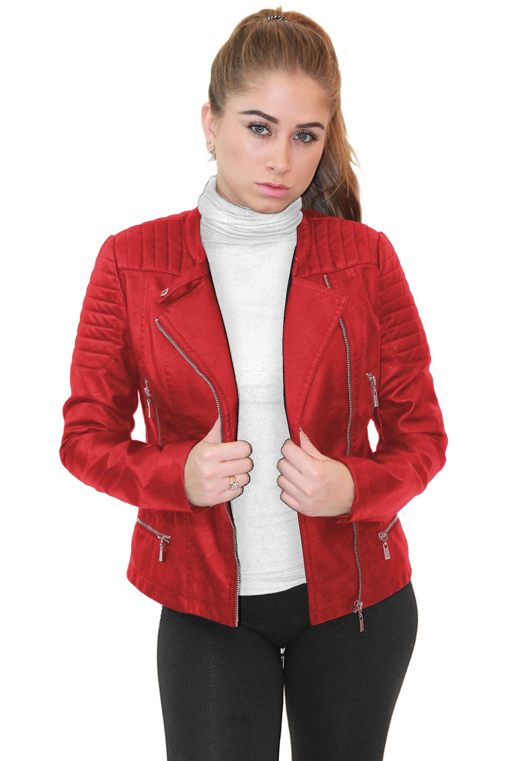 Olivia Miller Womens Faux Leather Zip Up Moto Biker Jk5207S Red L