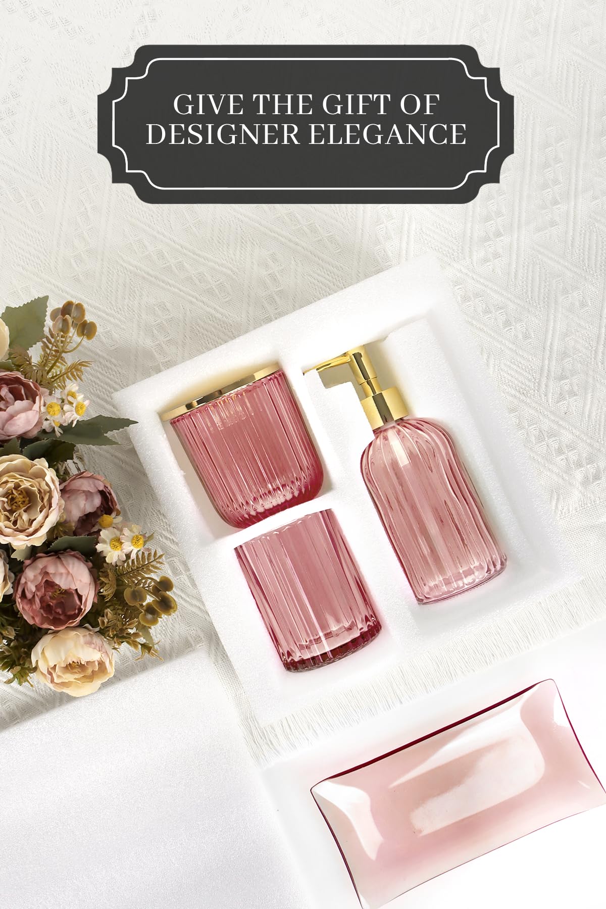 Designer Pink Glass Bathroom Accessories Sets - 4 Pcs With Lotion Soap Dispenser, Bathroom Toothbrush Holder, Vanity Tray, And A
