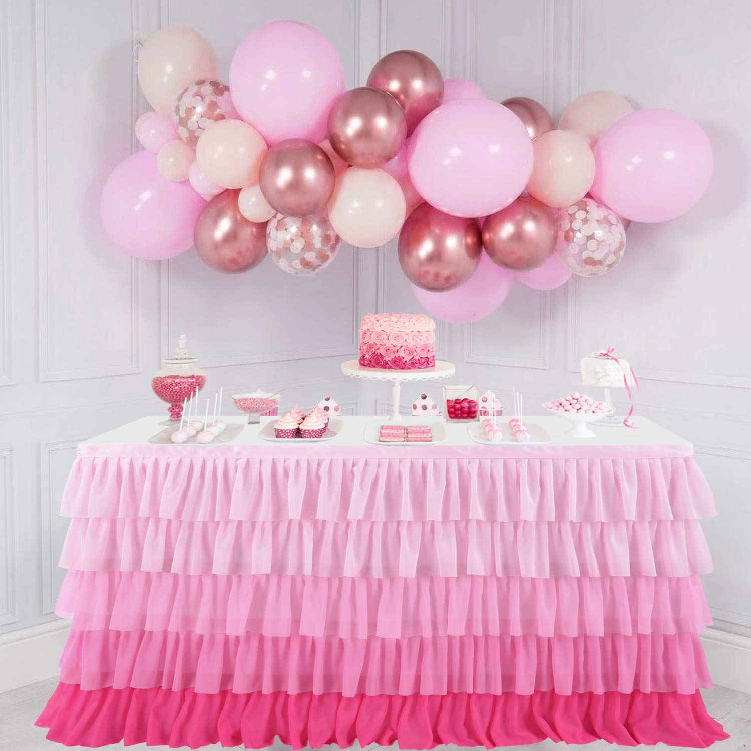 Besutolife Pink Table Skirt Tutu Ruffled Tablecloth For Rectangle Table 6Ft Baby Shower Birthday Party Unicorn Home Gradient Pin
