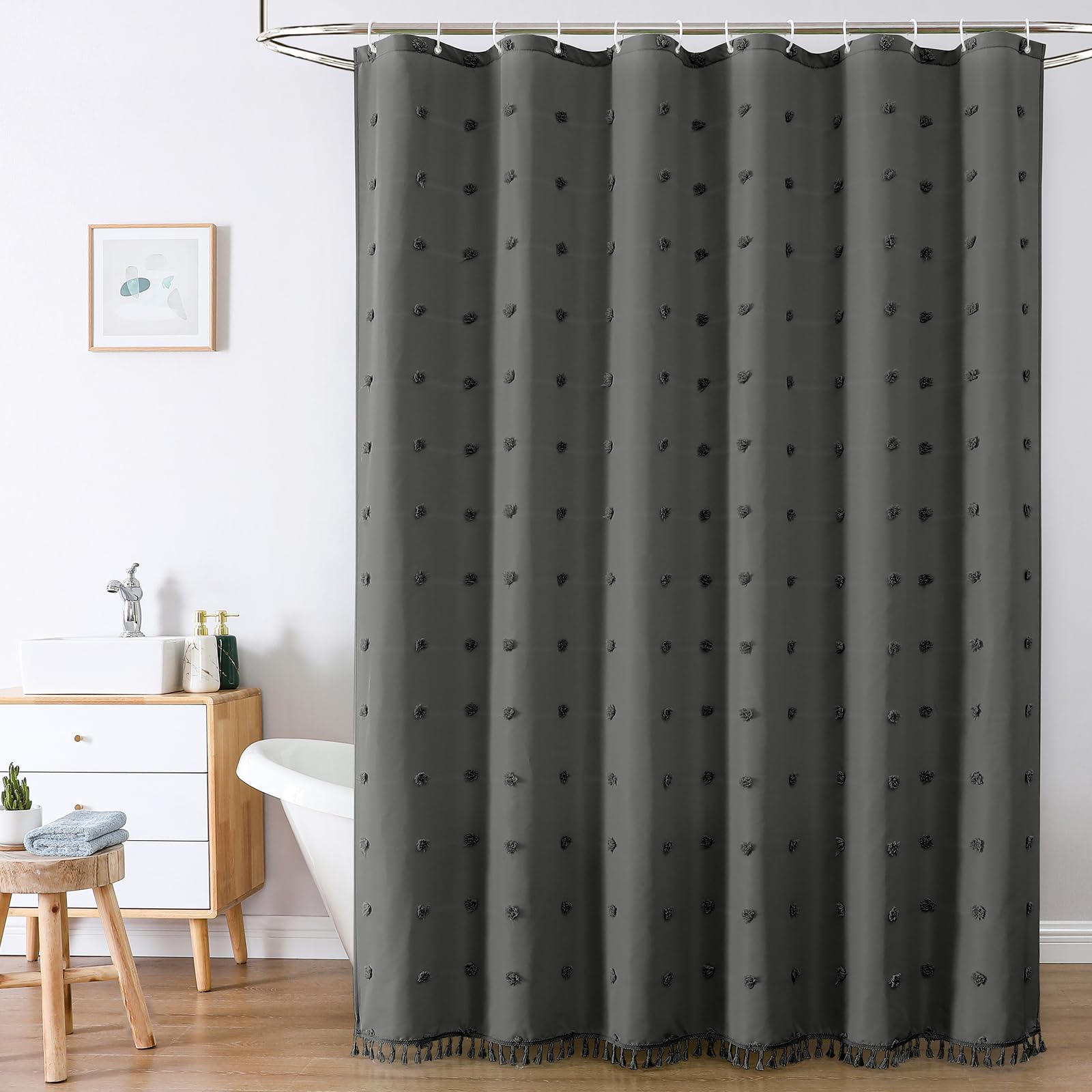 Lilycat Boho Farmhouse Grey Fabric Shower Curtain, 72X72 Tufted Pleat Floral Puffs Textured Tassel Cute Rustic Vintage Shower Cu