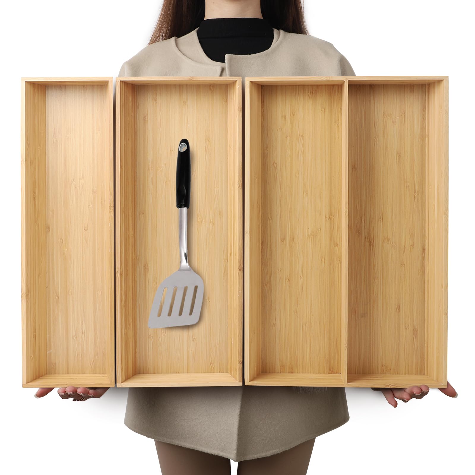 BAMOTTO V-Shaped Bamboo Drawer Organizer Set of 3 Kitchen Large and Long Utensil Plate, Flatware&Silverware Storage Box, Wood Dr
