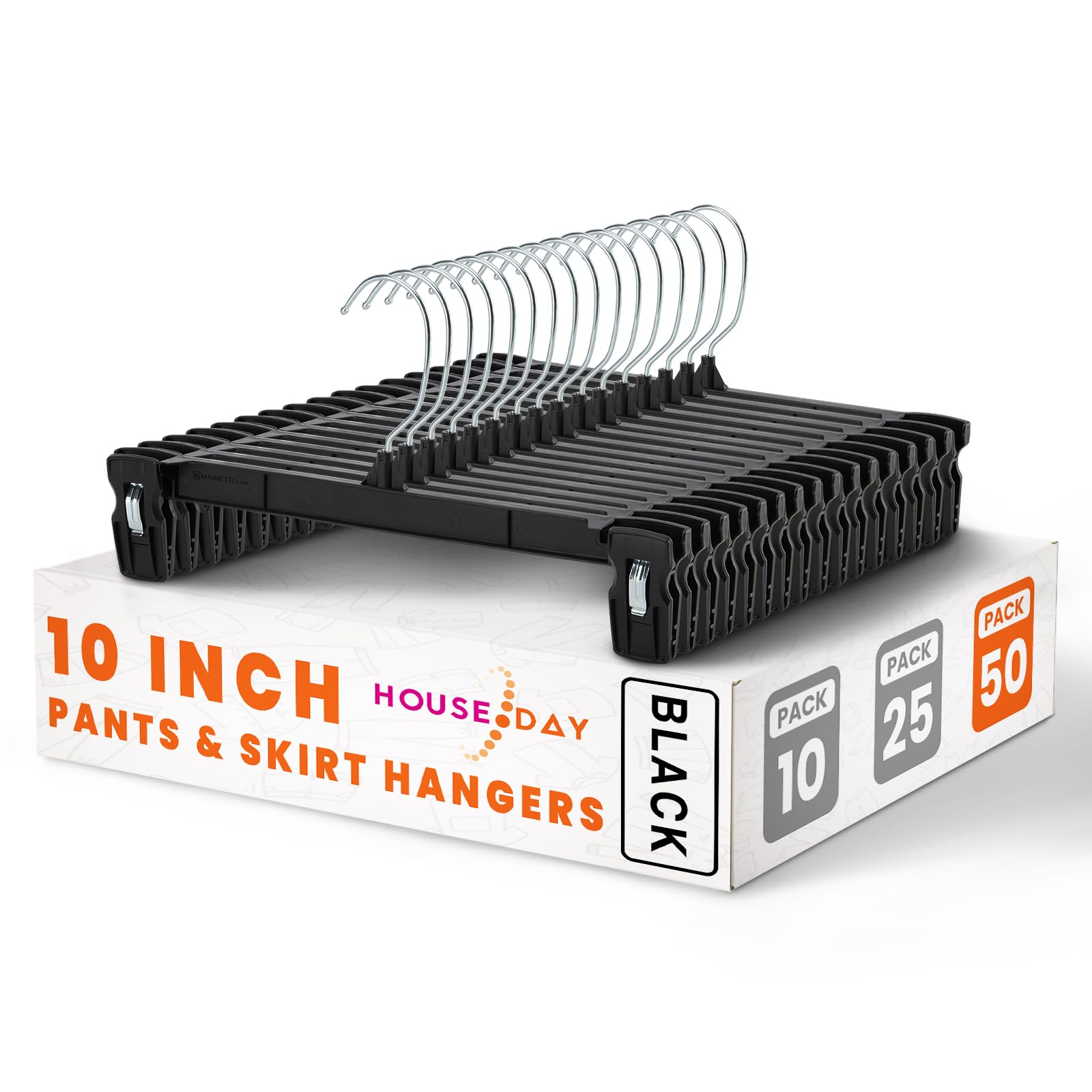 HOUSE DAY Black Pants Hangers 50 Pack  10 Inch Skirt Hangers with Non-Slip Big Clips and 360? Swivel Hook  Heavy Duty Slim Plastic Pants Hangers  Space Saving Clip Hangers for Pants  Skirts  Shorts