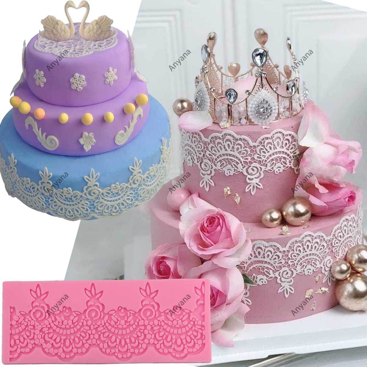 Anyana Set Of 3 Sugar Edible Cake Silicone Fondant Impression Lace Mat Cake Decorating Mold Gum Paste Cupcake Topper Tool Icing