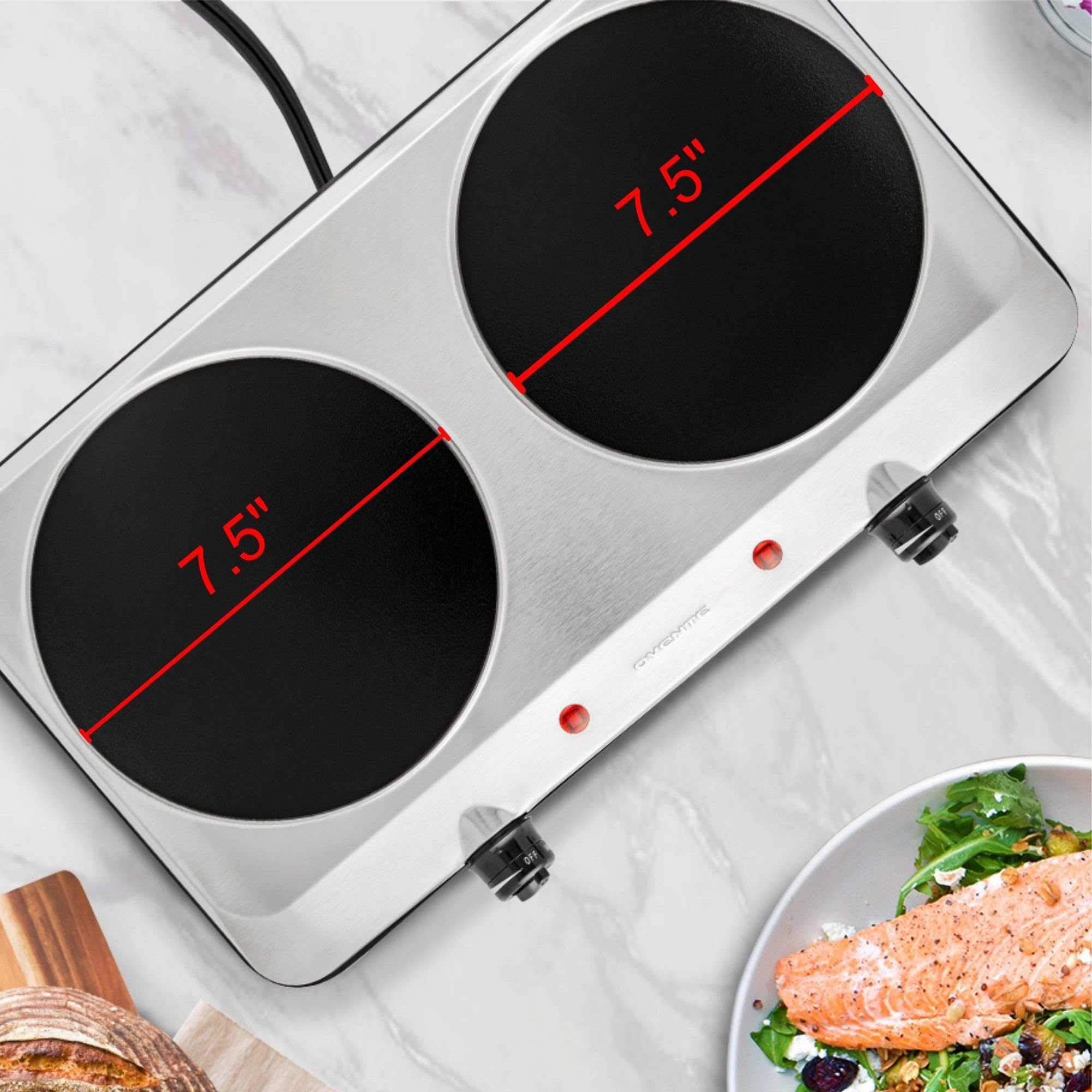 OVENTE Countertop Infrared Double Burner  1500W Electric Hot Plate and Portable Stove with 7.5 Ceramic Glass Cooktop  6 Level Temperature Setting and Easy to Clean Base  Silver BGI202S
