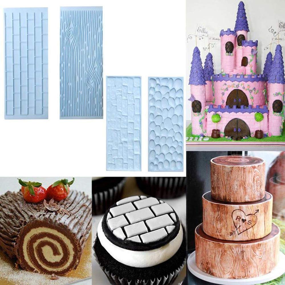 6 Pcs Fondant Impression Texture Mat Mold Set, Light Blue Fondant Embossed Tree Bark/Brick Wall/Flower/Cobblestone/Stone Wall Te