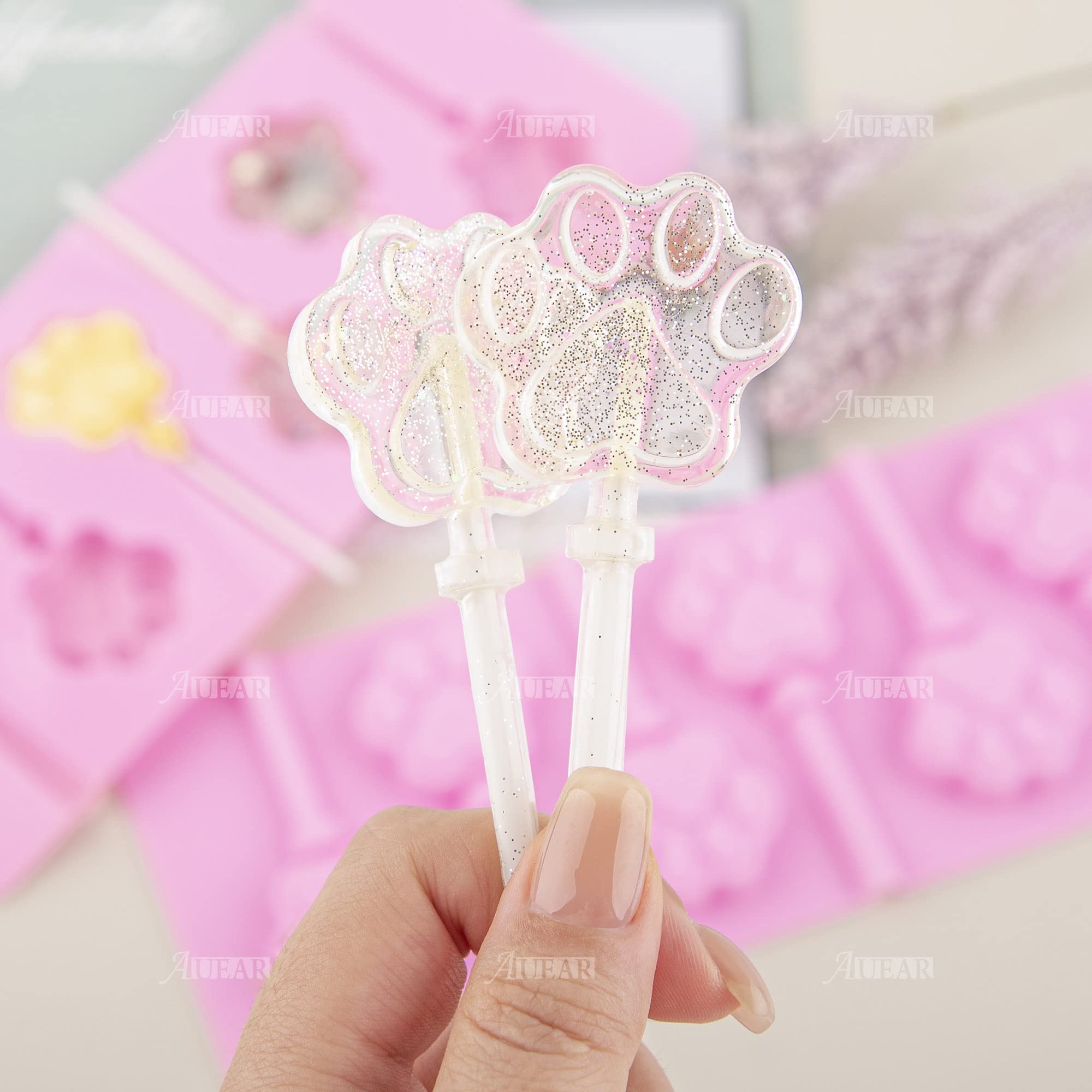 Auear, 2 Pack Paw Silicone Lollipops Mold With Sticks 6-Capacity Chocolate Hard Candy Mold Cat Dog Pet Paw Print Ice Cream Makin