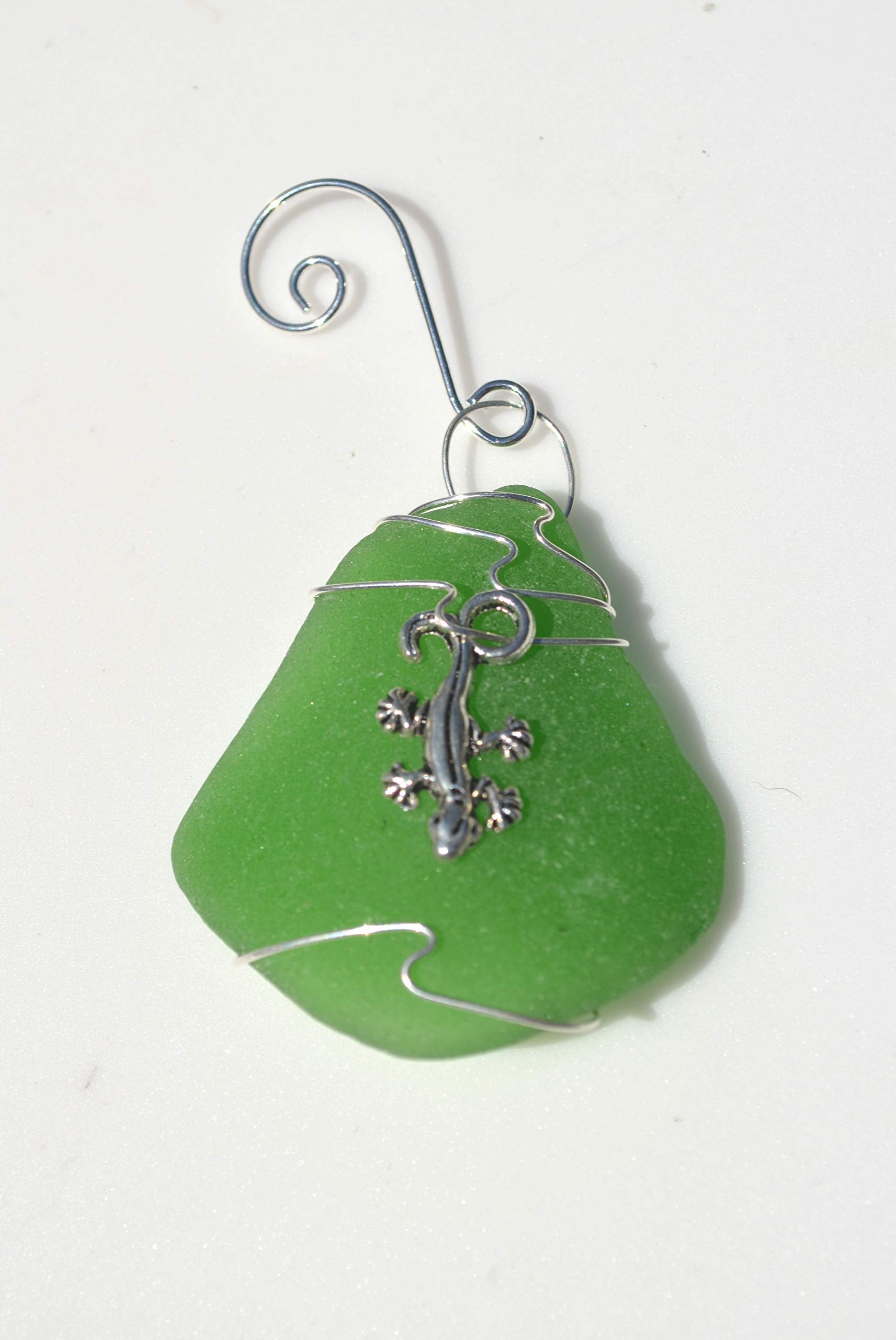 Genuine Green Sea Glass Ornament with a Lizard Charm - Made to Order