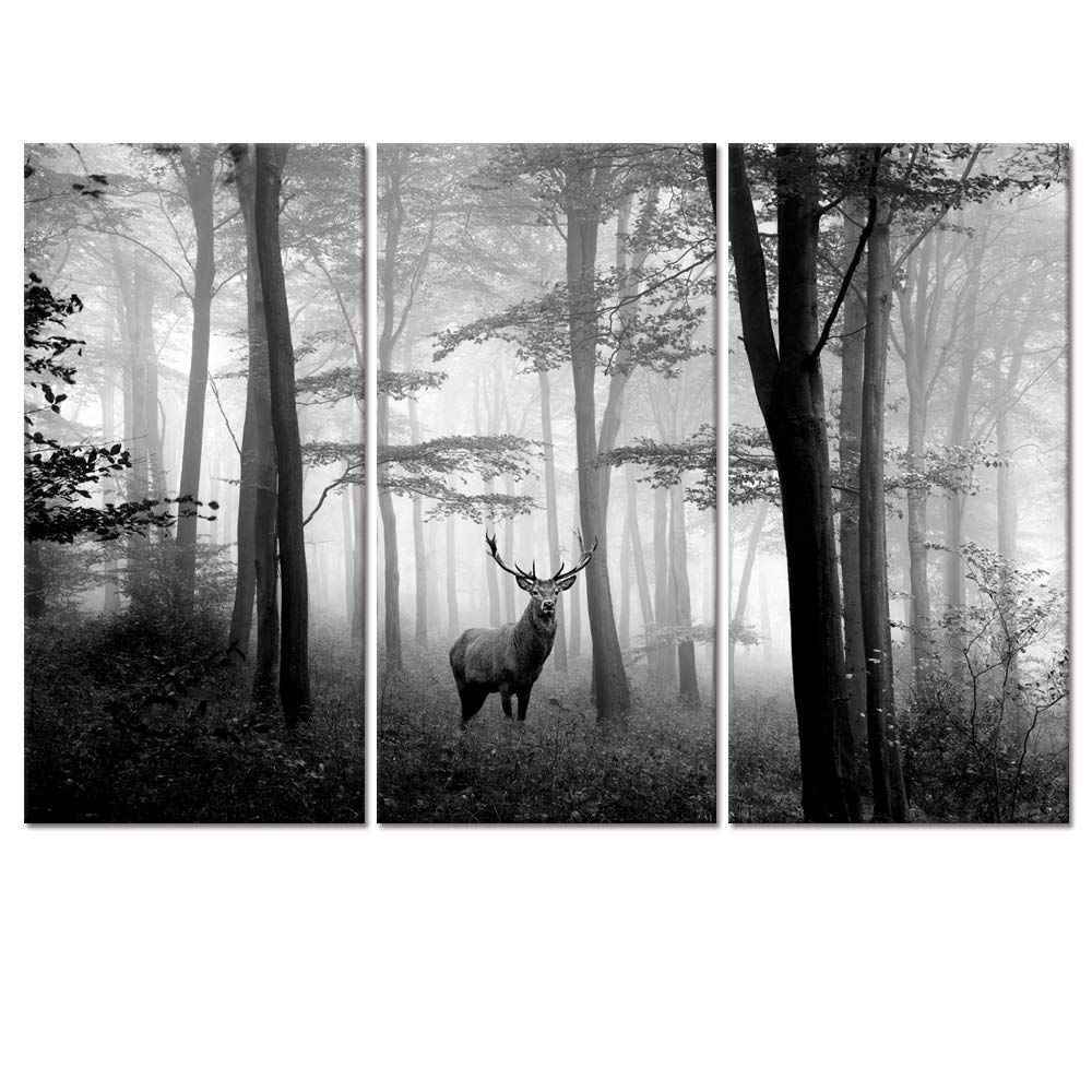 Welmeco 3 Pieces Animals Wall Decor Black And White Deer In Autumn Forest Canvas Prints Artwork For Home Office Nature Scenery L