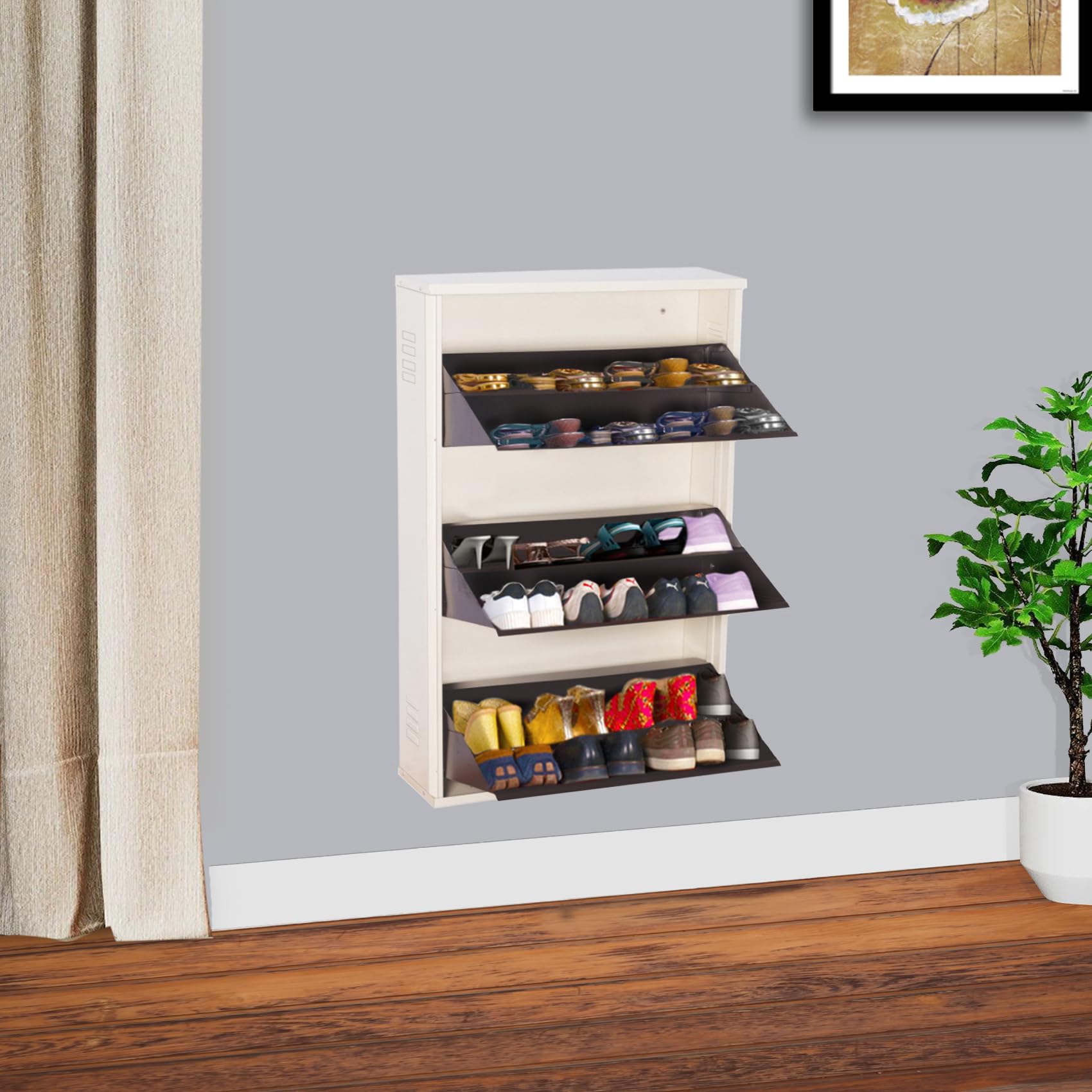 Delite Kom 29 Wide, 6 Shelf Metal Shoe Rack Wall Mounted For Home With Central Lock | Holds Upto 24 Shoes Or 36 Slippers Pair | 