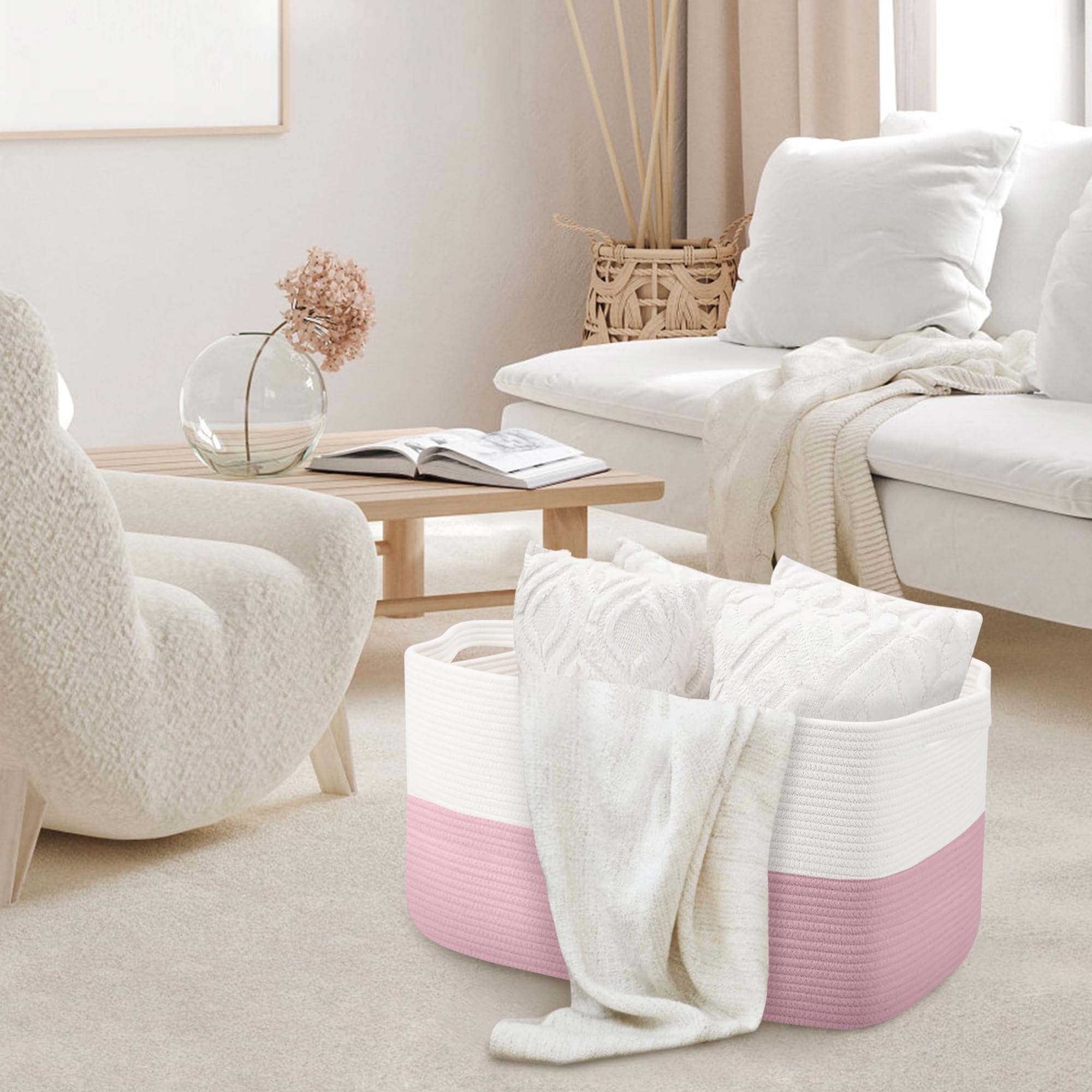 Megasket Xxxl Pink Storage Basket, 23.6'' X 15.7'' X 14.1'' Rectangle Cotton Rope Basket, Extra Large Blanket Basket, Kids Toy B