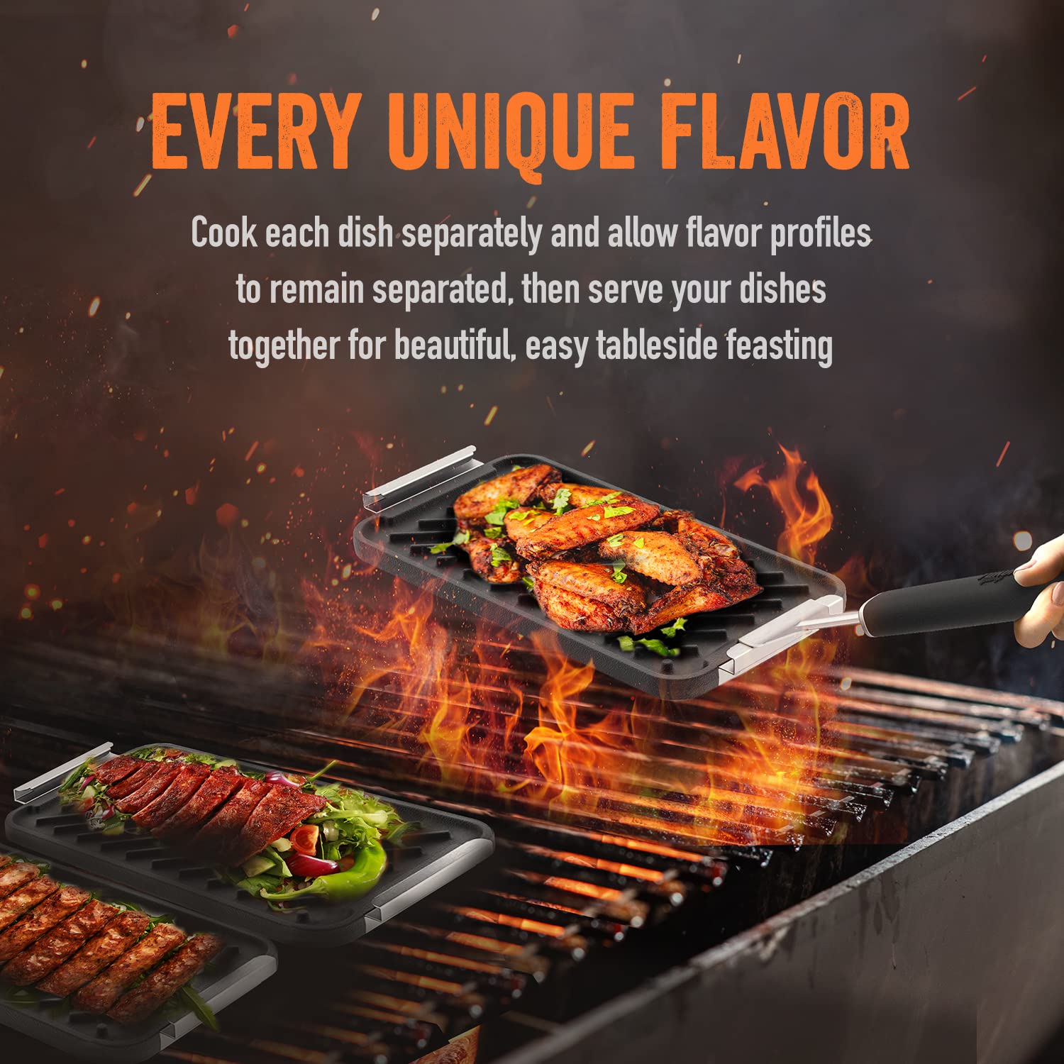 Yukon Glory Sear 'N Serve Cast Iron Grill Pan Set Includes 3 Cast Iron Grilling Baskets & Clip-On Handle - Cast Iron Grill Pans
