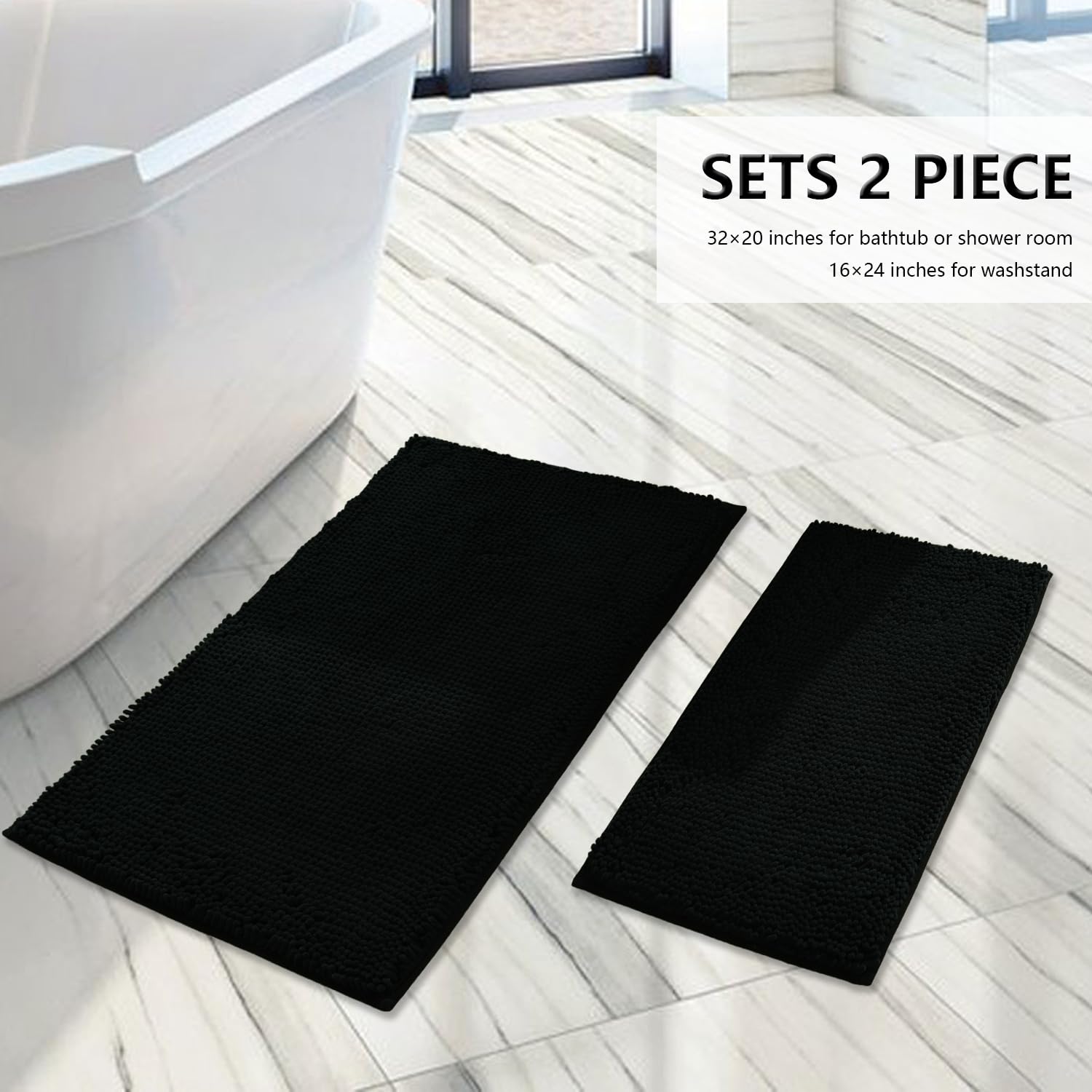 Boankodu Bathroom Rugs Sets 2 Piece, Absorbent Bath Mat For Bathroom Very Soft Chenille Bathroom Rug Non-Slip, 32X20 Inch + 20X2