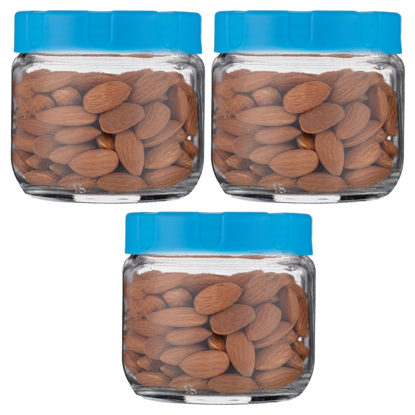 Sand Dune Set Of 3, 370 Ml Each Storage Glass Jar Blue Plastic Cap, Transparent | Bpa Free | Storage Jar Containers/Barni For Ki