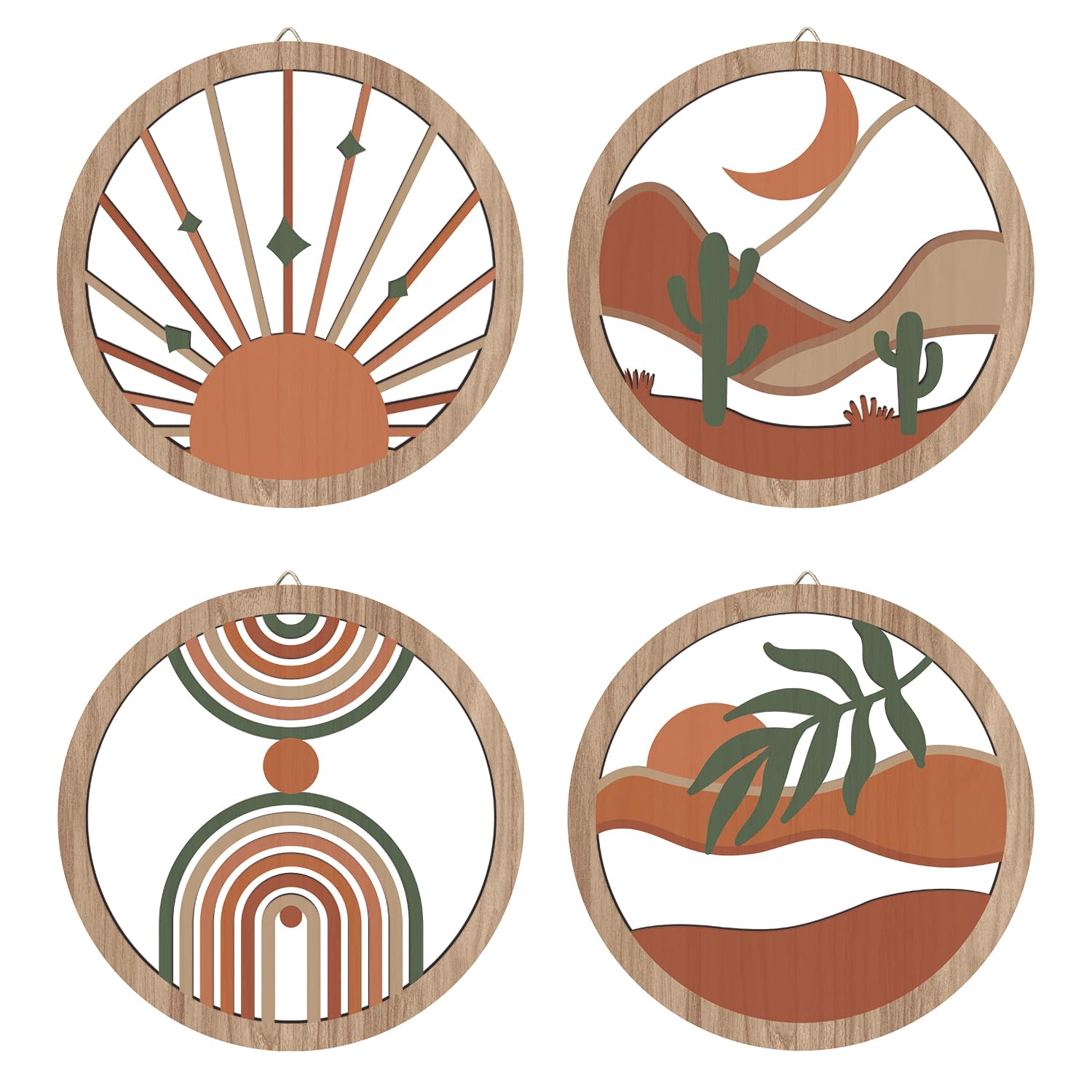 HPNIUB 4 Pcs Boho Wall Art Decor, Bohemian Geometric Hanging Wood Sign for Living Room, Aesthetic Abstract Desert Cactus, Minima