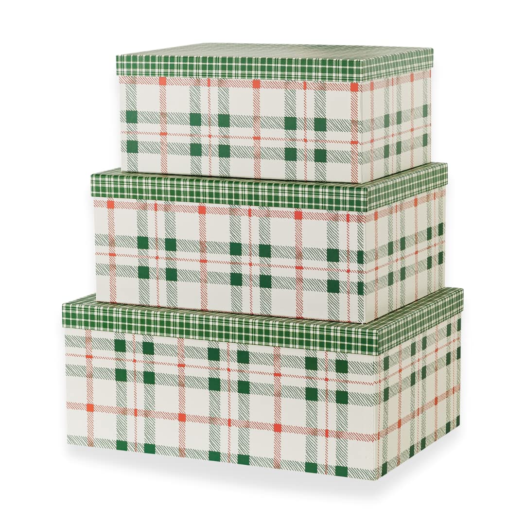 Soul & Lane Plaid Christmas Gift Box - Set of 3: Holiday Decor Storage Box, Decorative Photo Storage, Keepsake Boxes with Lids, 