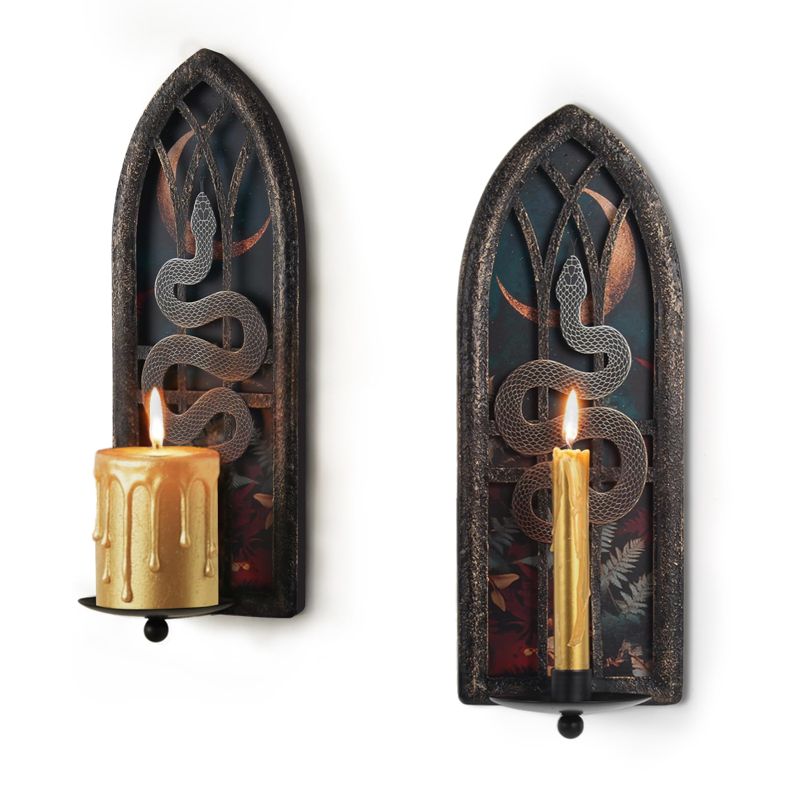 AimtoHome Gothic Wall Candle Sconces Set of 2, Snake and Moon Iron Wall Mounted Candelabra Holder with Removable Trays for Taper
