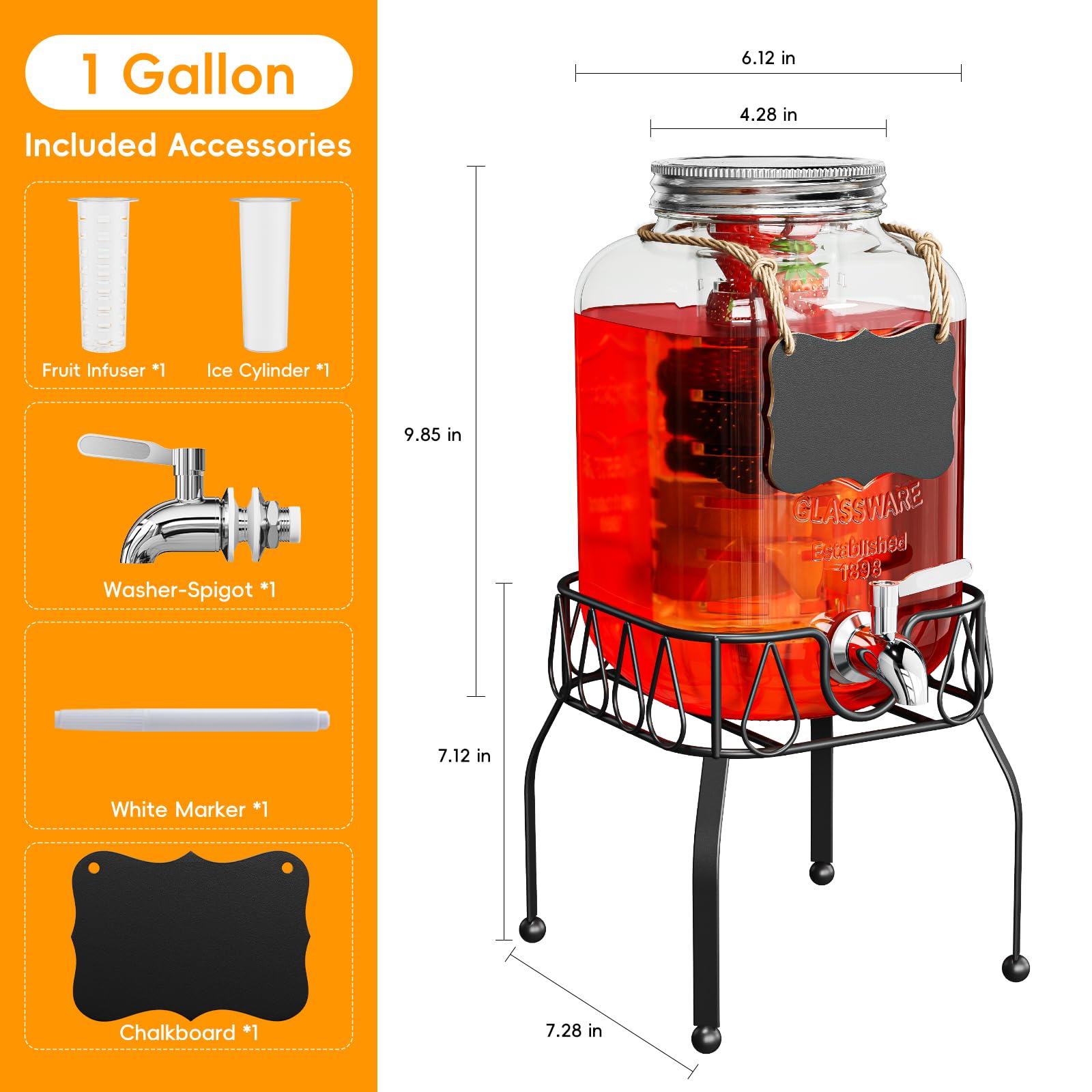 Onedream Glass Drink Dispenser For Parties, 1Gallon Beverage Dispenserd With Stand, Lemonade Dispenser With Stainless Steel Spig