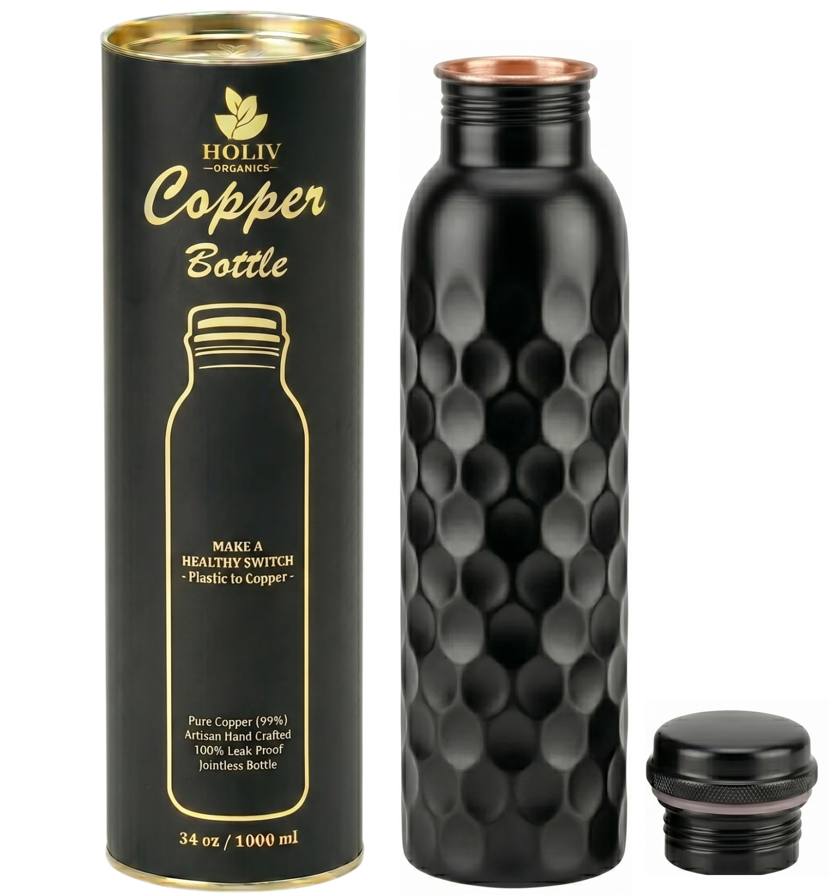 HOLIV ORGANICS 34oz Pure Copper Water Bottle - Handcrafted Heavy Guage Diamond Texture Ayurvedic Vessel for Drinking - Leakproof