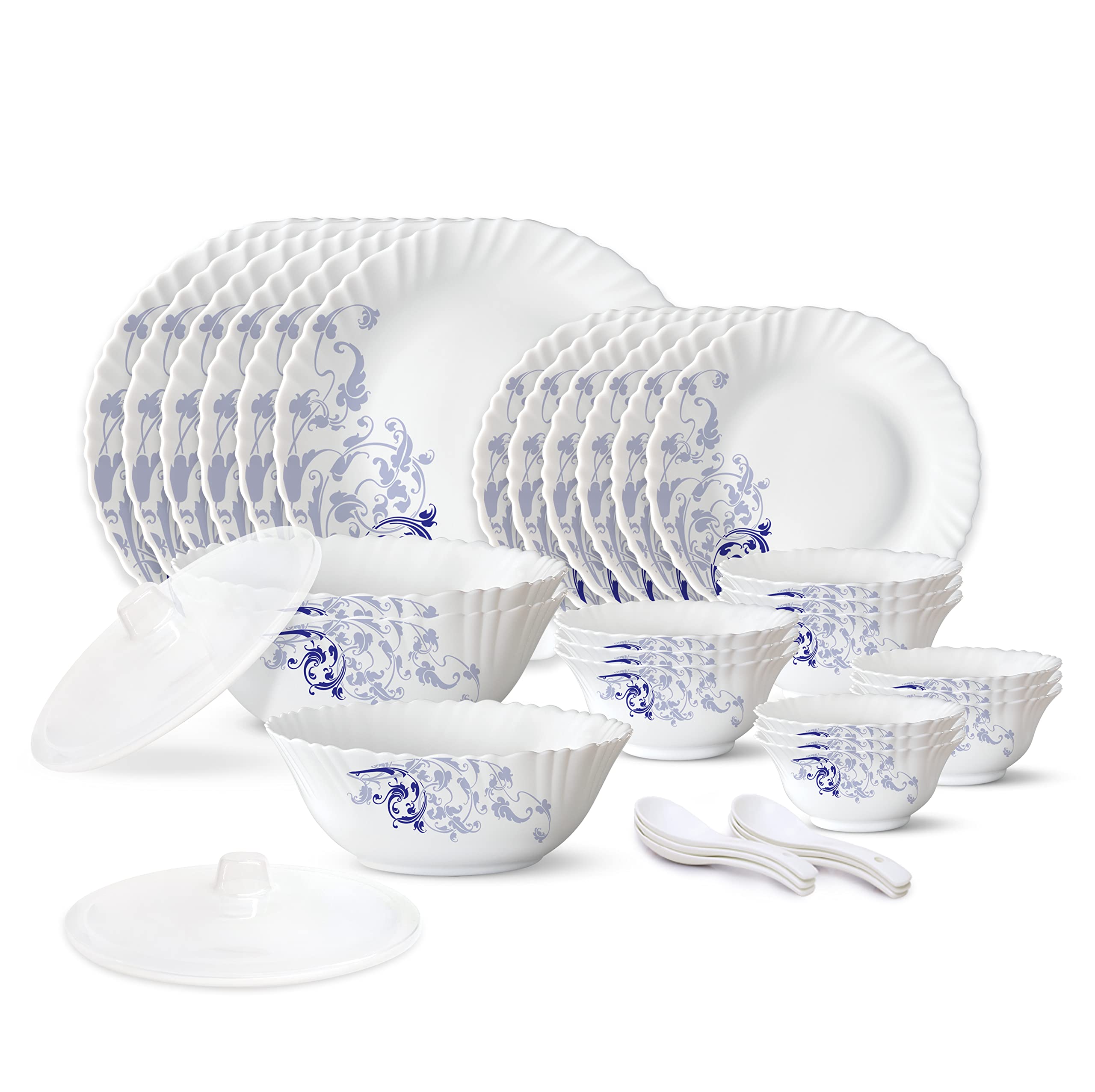 Larah by Borosil Blue Eve Silk Series Opalware Dinner Set | 35 Pieces for Family of 6 | Microwave & Dishwasher Safe | BoneAsh F