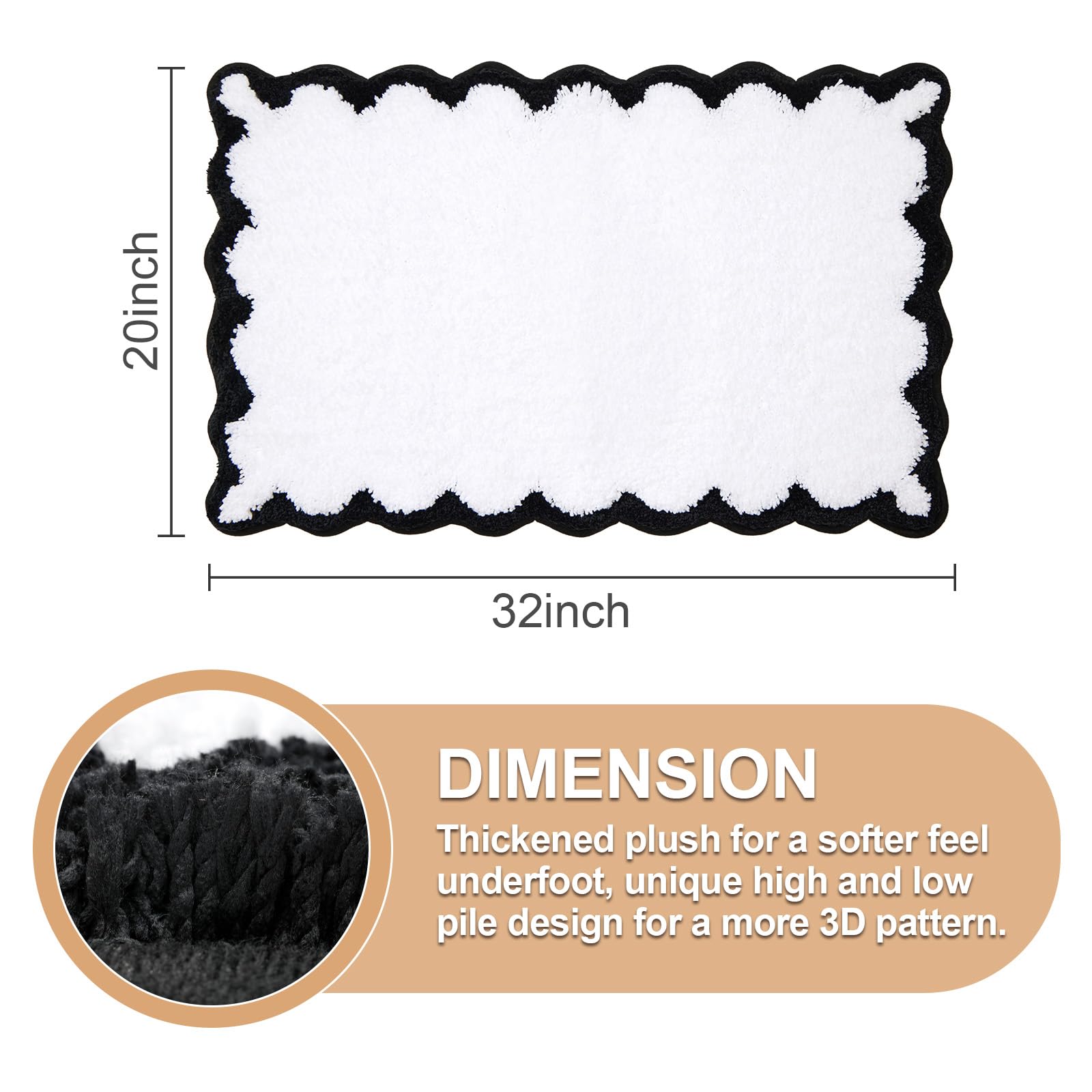 Ortigia Cute Scalloped Bathroom Rugs Non Slip Washable, Quick Dry Absorbent Plush Microfiber Bath Mats, Fun White And Black Bath