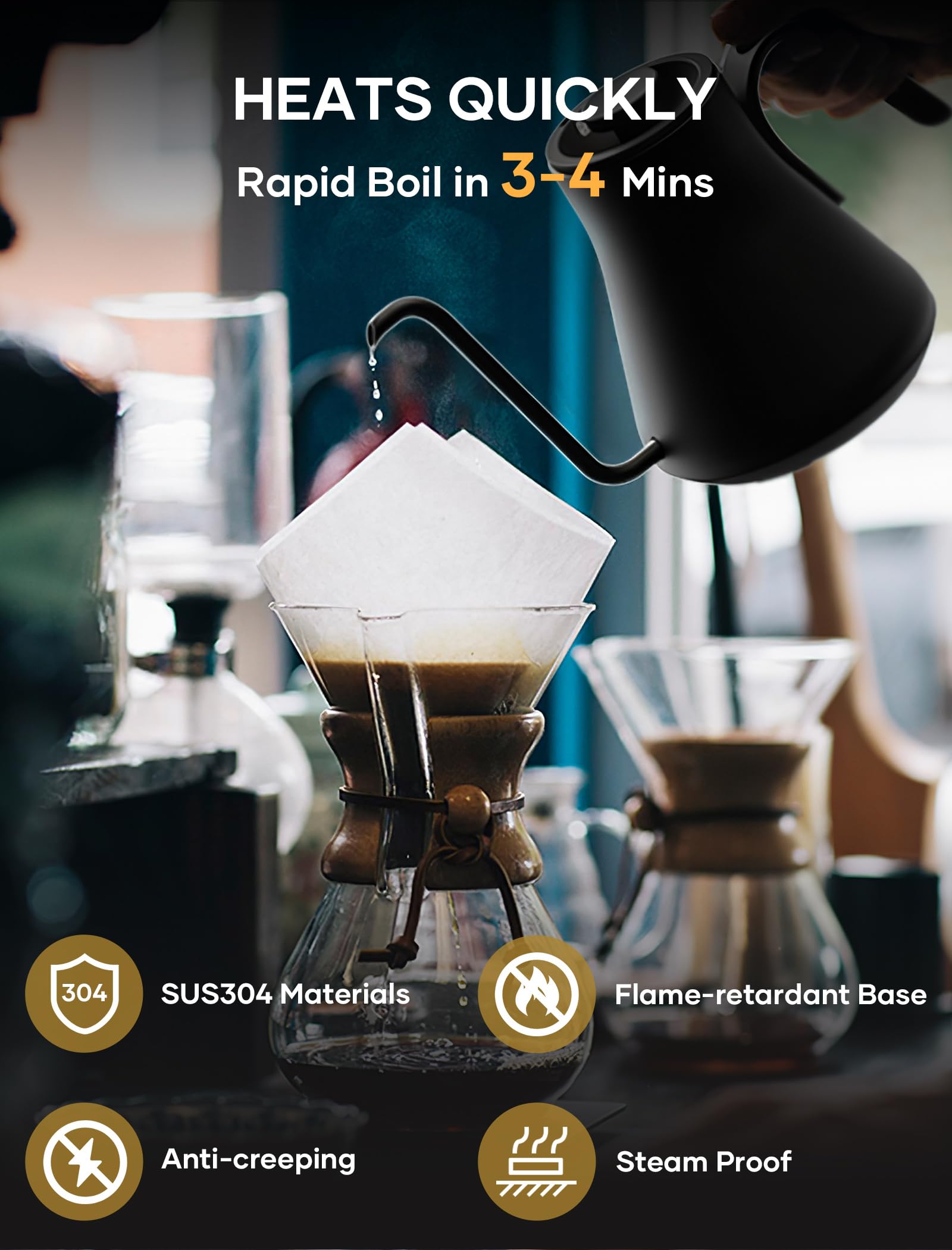 Cocinare Electric Gooseneck Kettle With Temperature Control, Pour Over Coffee & Tea, 1200W For 180-Sec Quick Boil Time, Stainles