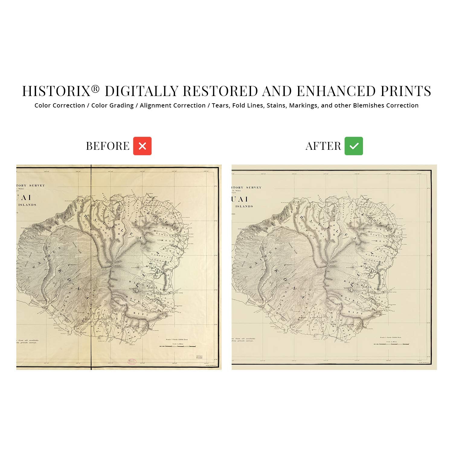 Historix Vintage 1903 Kauai Map - 24X36 Inch Vintage Kauai Wall Art - Historic Kauai Poster Print - Old Kauai Hawaii Map Territo