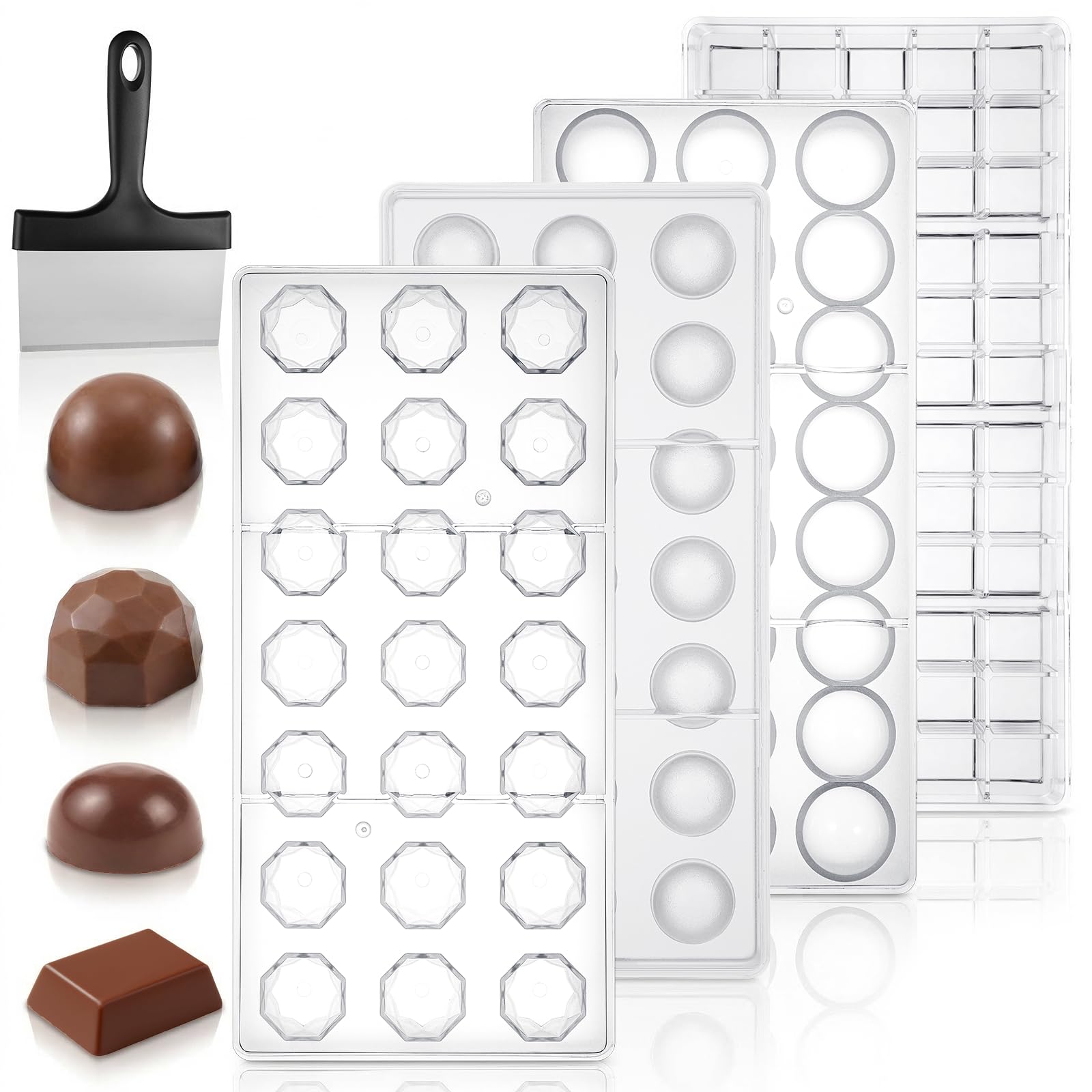 HANLANXUE 4 Pcs Polycarbonate Chocolate Mold Candy Making Molds with Chocolate Scraper, 4 Shaped Tray for Mousse, Jelly, Praline