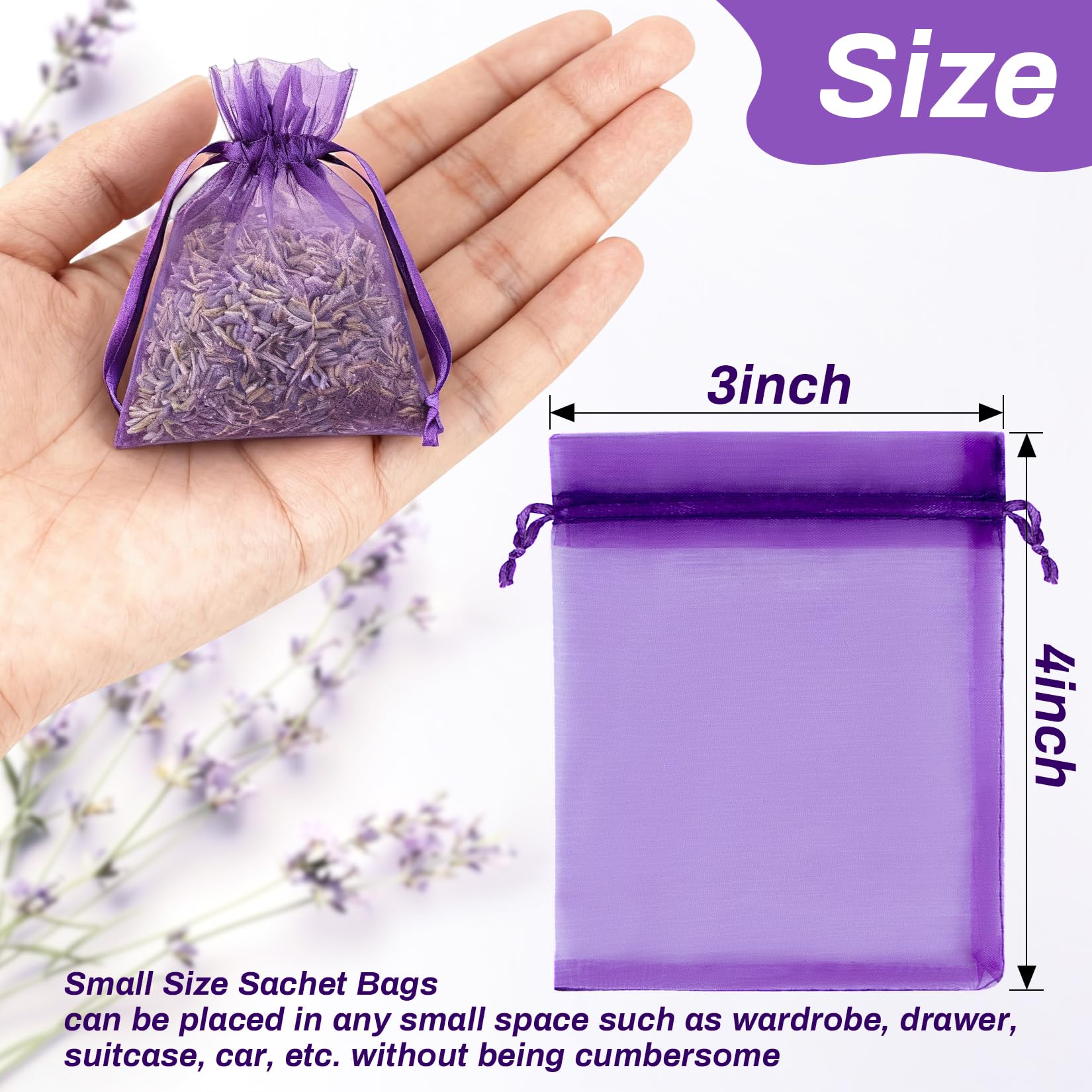 Sukh 50 Lavender Sachet Bags Empty - Purple Organza Bags 3x4 Sachets for Drawers and Closets Deodorizer Potpourri Bag Scented Sa