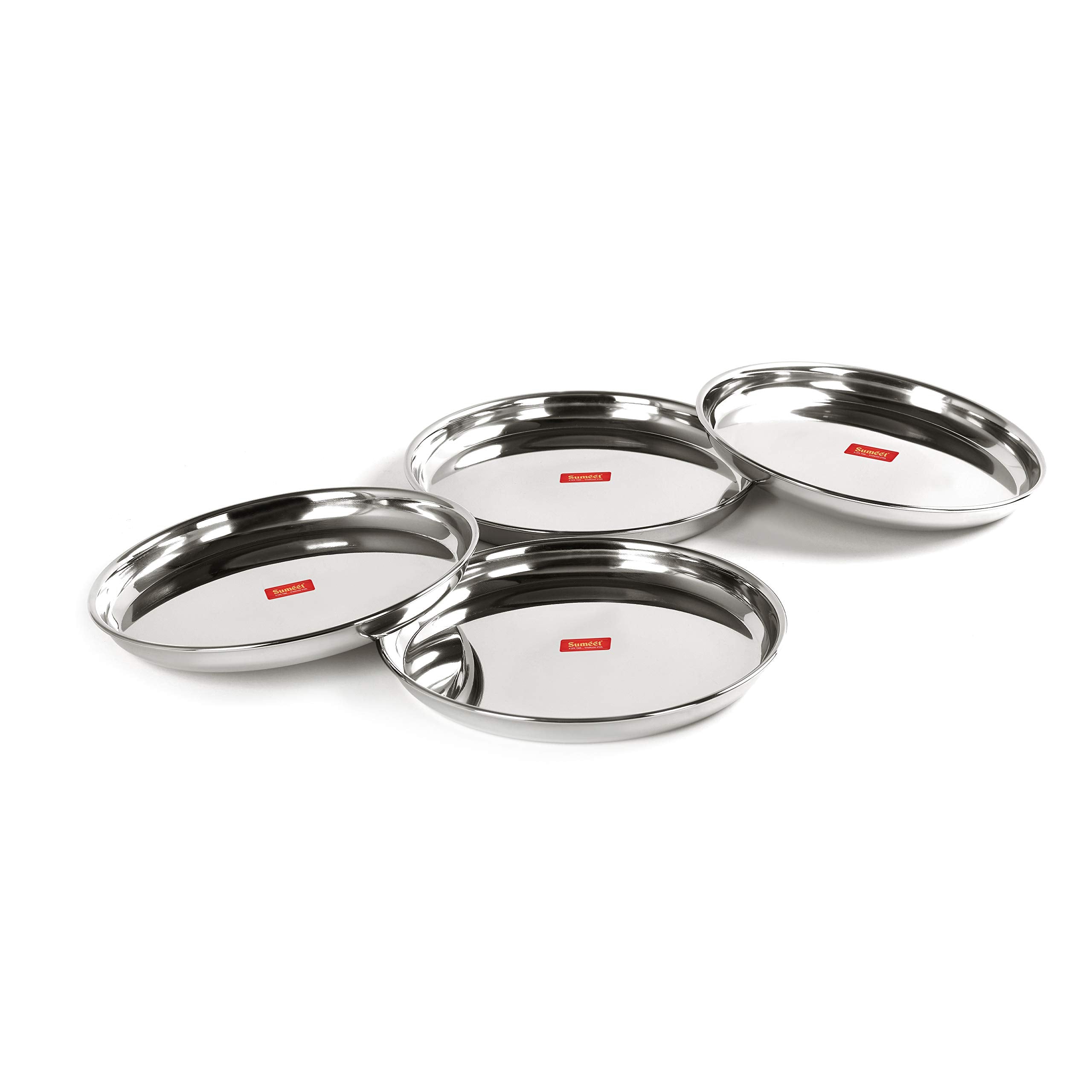 Sumeet Stainless Steel Heavy Gauge Deep Wall Dinner Plates With Mirror Finish 26.6Cm Dia - Set Of 4Pc