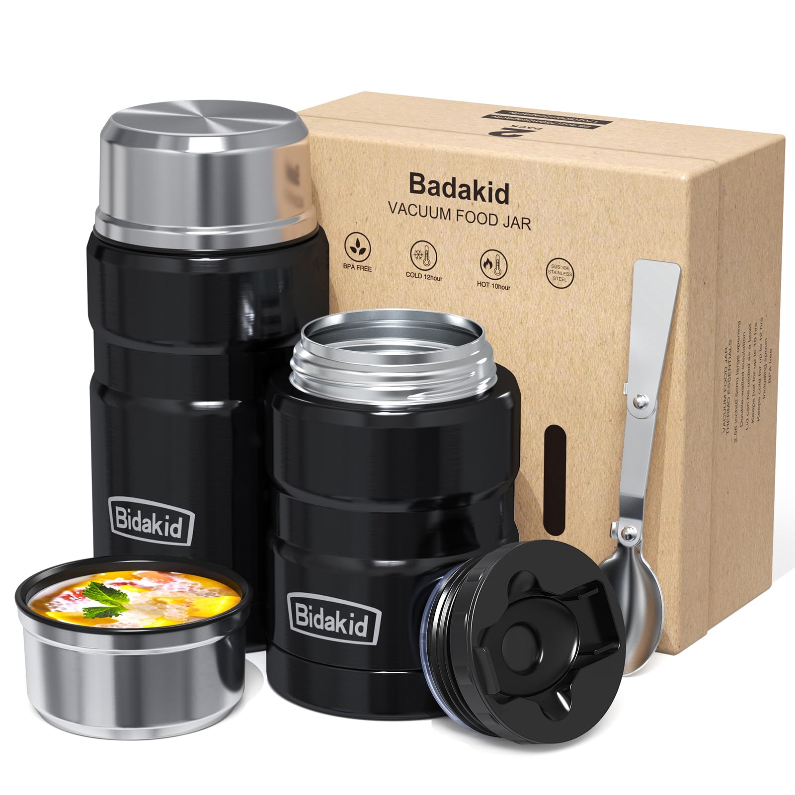 Bidakid Insulated Food Jar Set - 25.4Oz & 17Oz Stainless Steel Containers With Folding Spoon And Carrying Bags - Leak-Proof, Kee