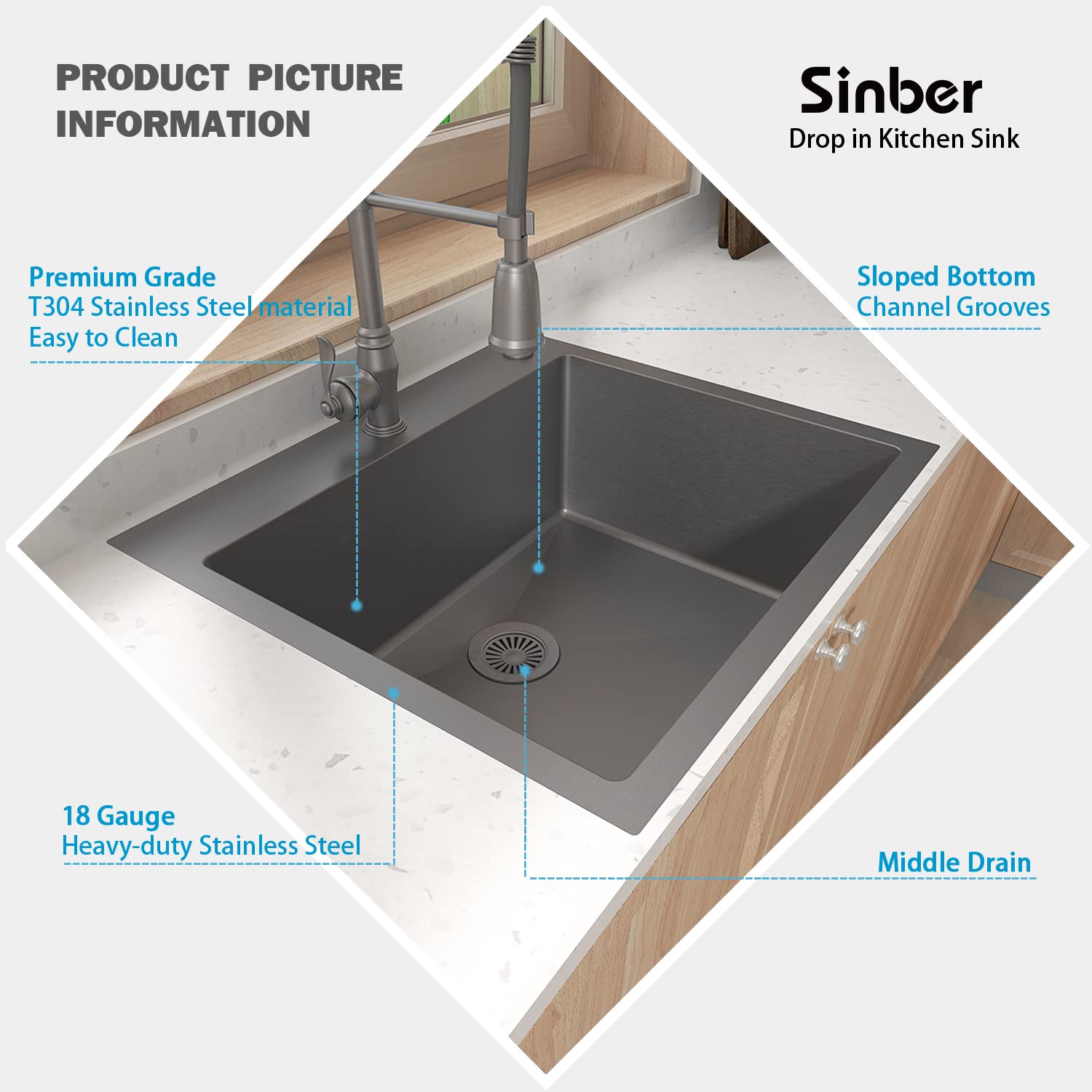 Sinber 25'' x 22'' x 9'' Drop In Single Bowl Kitchen Sink with 18 Gauge 304 Stainless Steel Black Finish HT2522S-9-B (Sink Only)