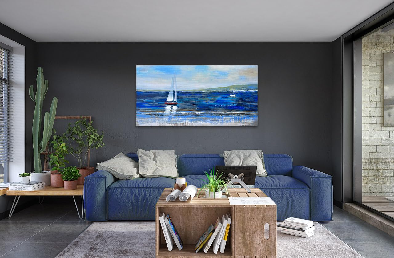 Ardemy Blue Abstract Canvas Wall Art Seascape Painting Landscape Picture Textured Navy Blue Modern Sailboat Ocean Artwork Framed