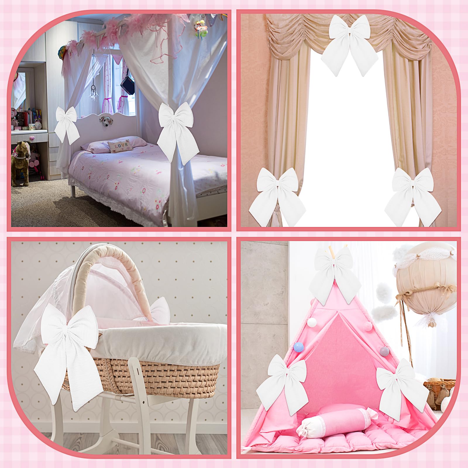 Riceshoot 4 Pcs Large Crib Bows 11 x 16 inch Coquette Bow Decorations for Nursery Crib Canopy Bed Large Bow Room Nursery Decor I