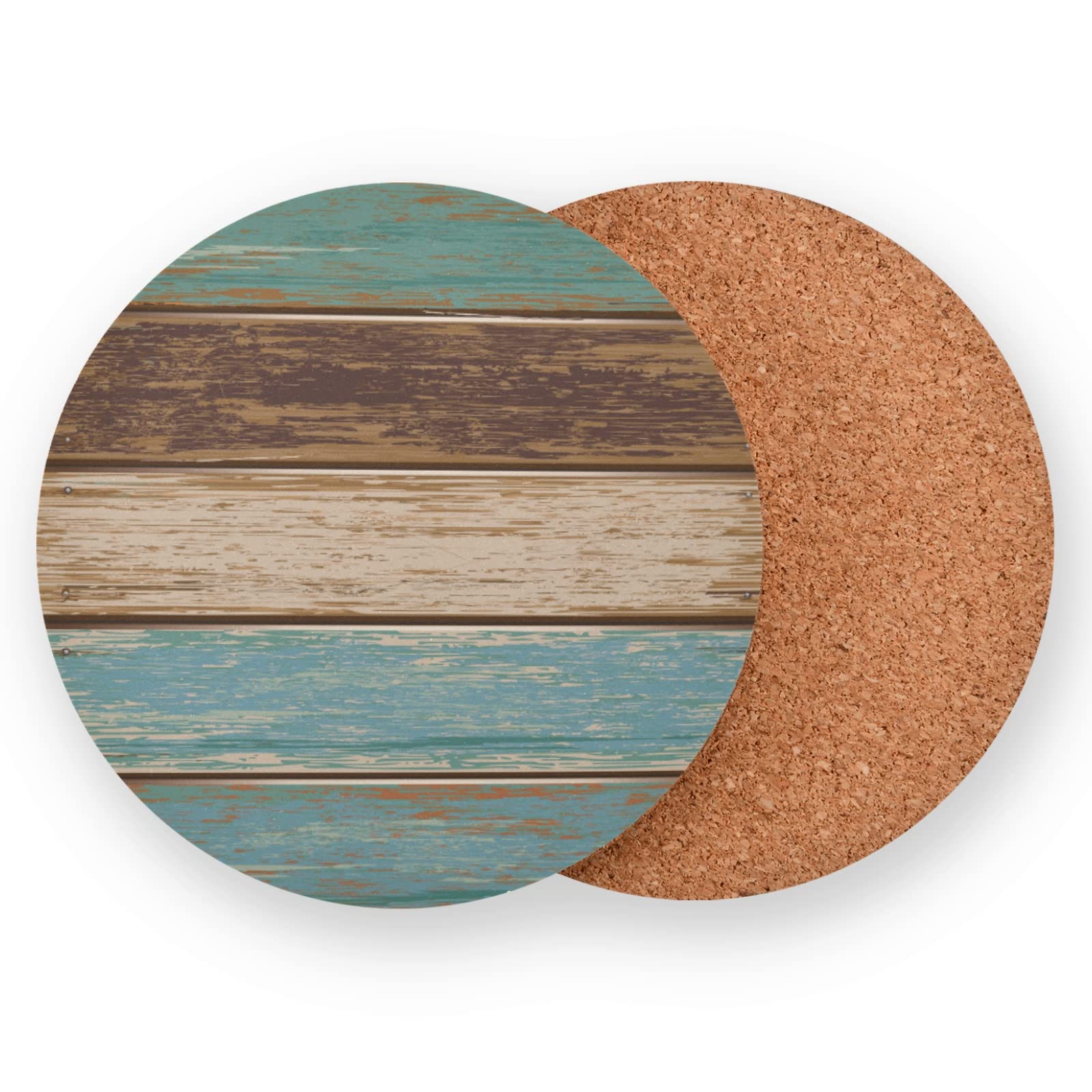 Teal Green Brown Retro Rustic Wood Pattern Drinks Coasters, Non-Scratch Cork Base Round Cups Mats For Home Kitchen Bar Decor