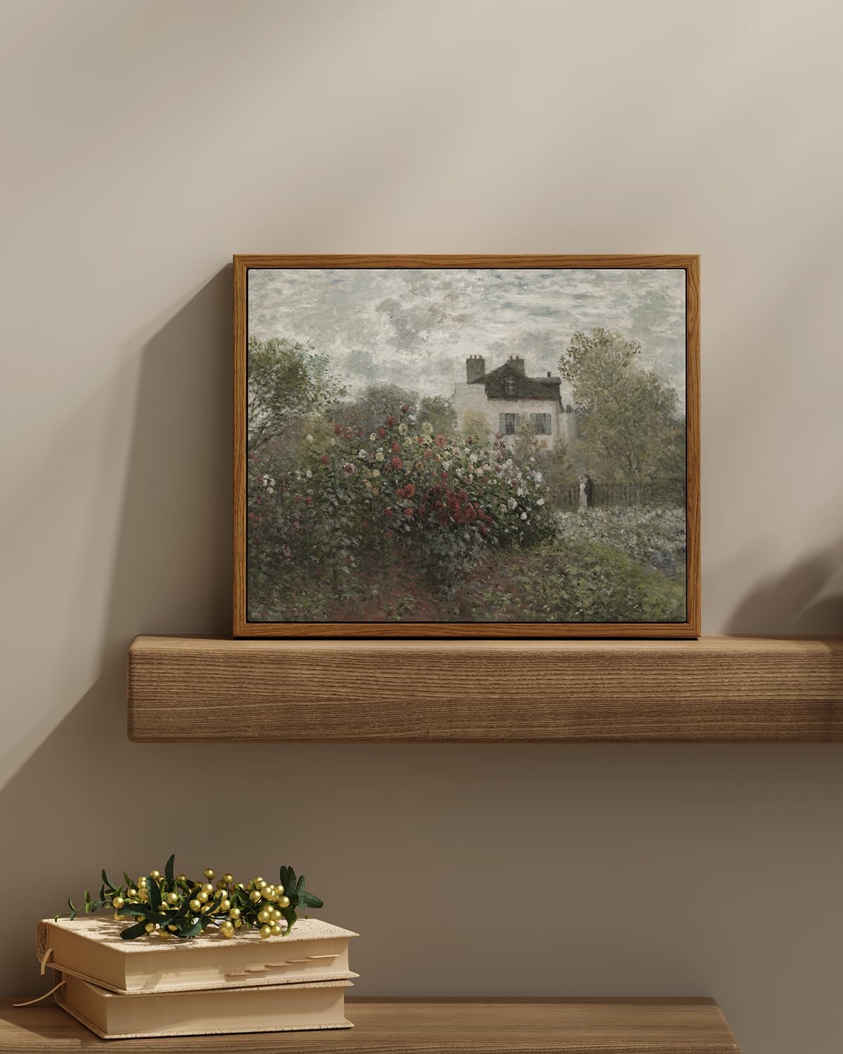 Insimsea Framed Canvas Wall Art Vintage Decor, Garden Full Of Flowers Oil Painting Wall Prints By Claude Monet, Retro Scenic Bat
