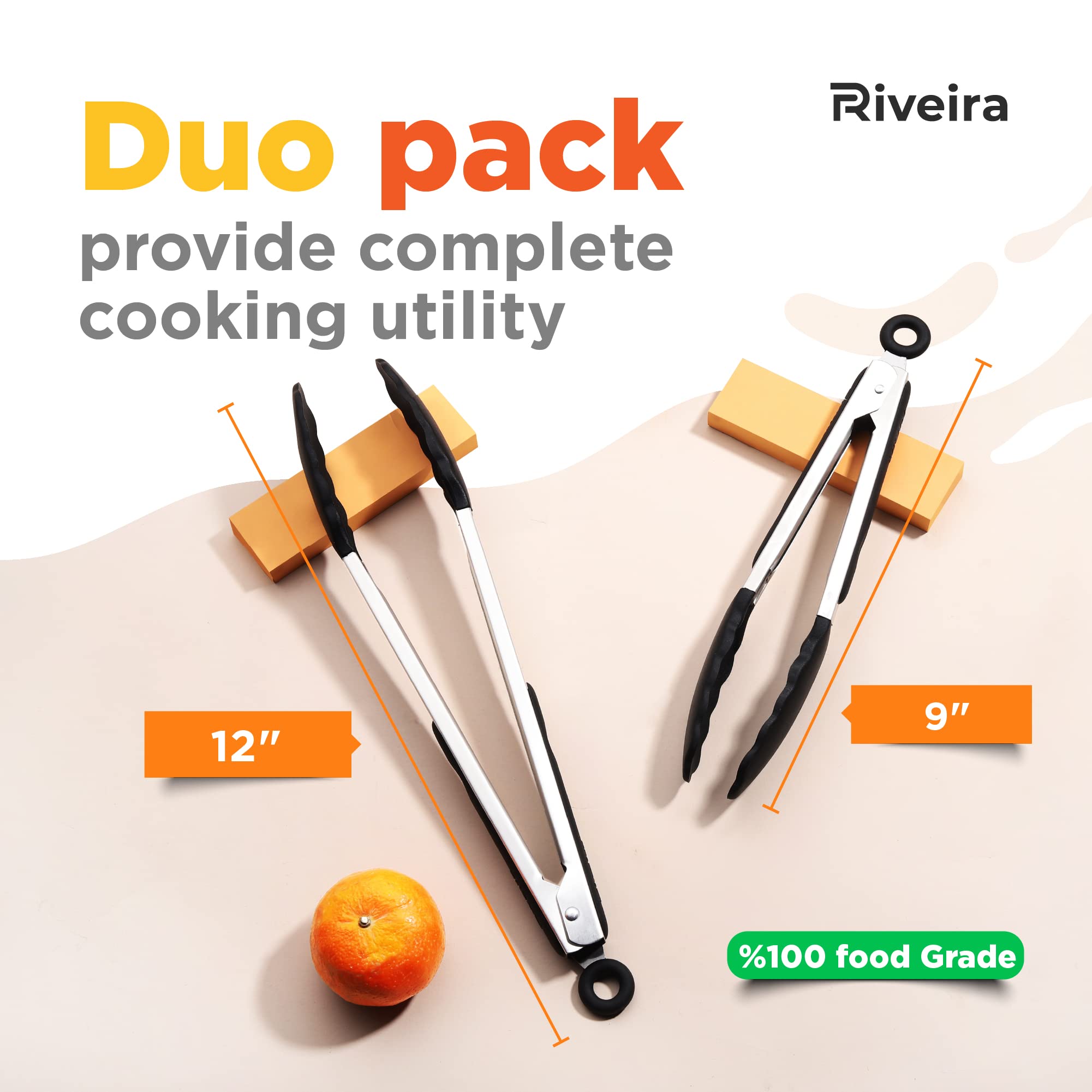Riveira Tongs For Cooking With Silicone Tips | 9 And 12-Inch Pieces Set | Non-Stick Kitchen Grill Tongs | Bbq Grilling Tong | 55