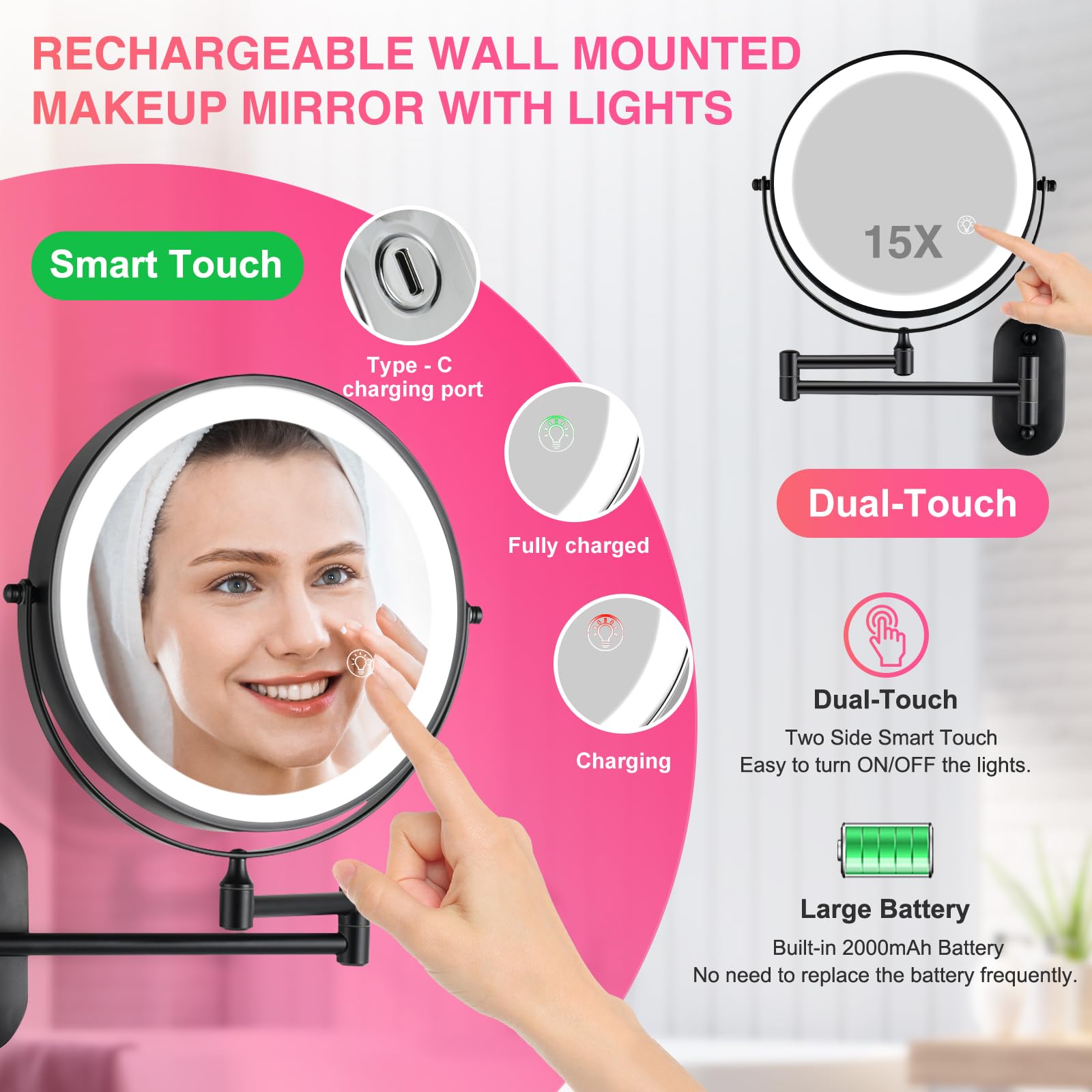 Greenfrom Magnifying Mirror With Lights 1X/15X Rechargeable: 8.5 Inch Wall Mounted Lighted Makeup Mirror For Bathroom