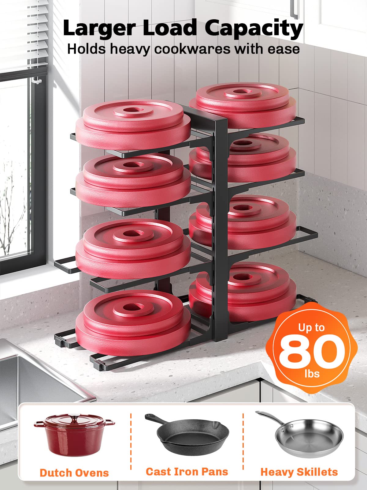 Mudeela 8-Tier Heavy Duty Adjustable Pan Organizer Rack For Kitchen Cabinet Storage And Organization